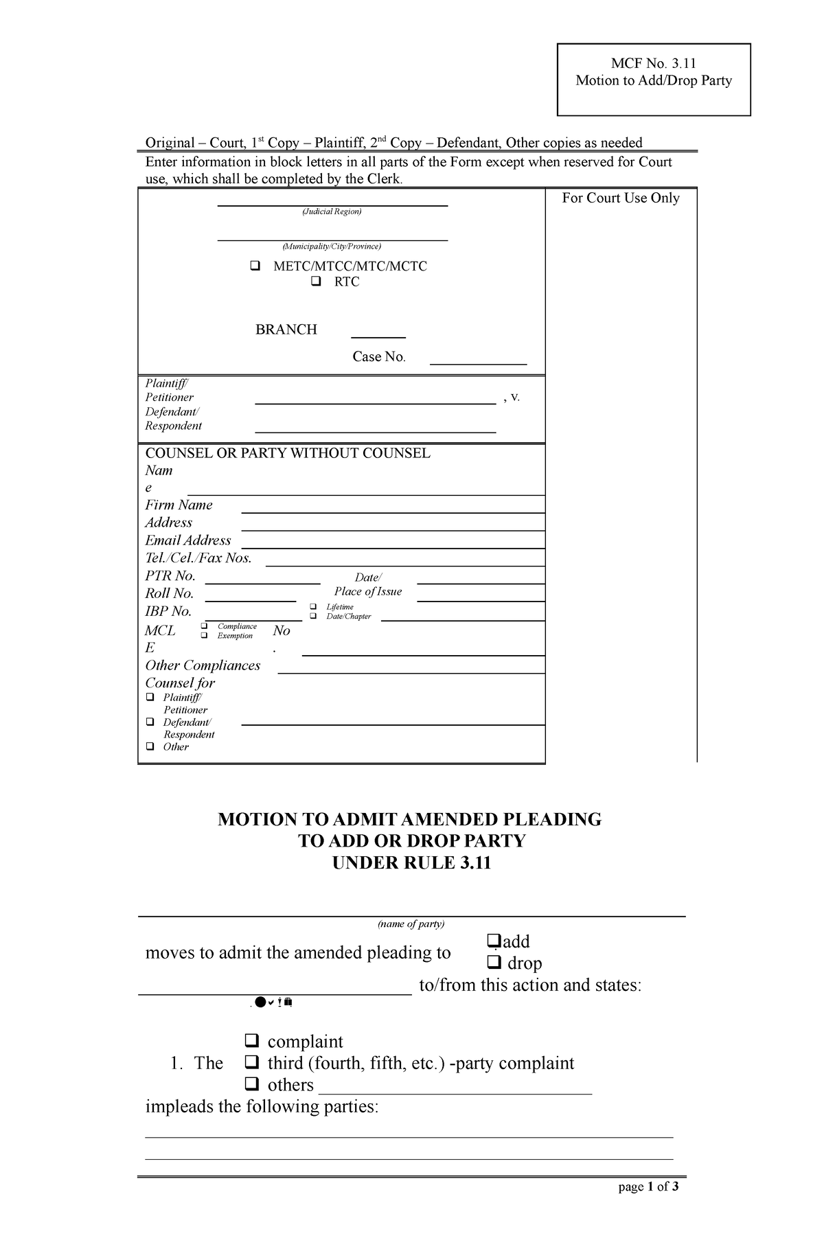 MCF 3.11 Motion to Add or Drop Party - MCF No. 3. Motion to Add/Drop ...