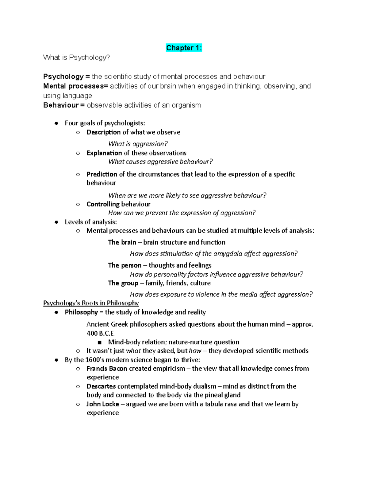 Study Notes Chapter 1 to 16 - Chapter 1: What is Psychology? Psychology ...