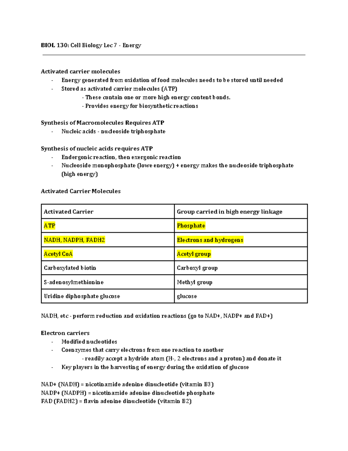 BIOL 130 - Cell Biology Lec 7 - BIOL 130: Cell Biology Lec 7 - Energy ...