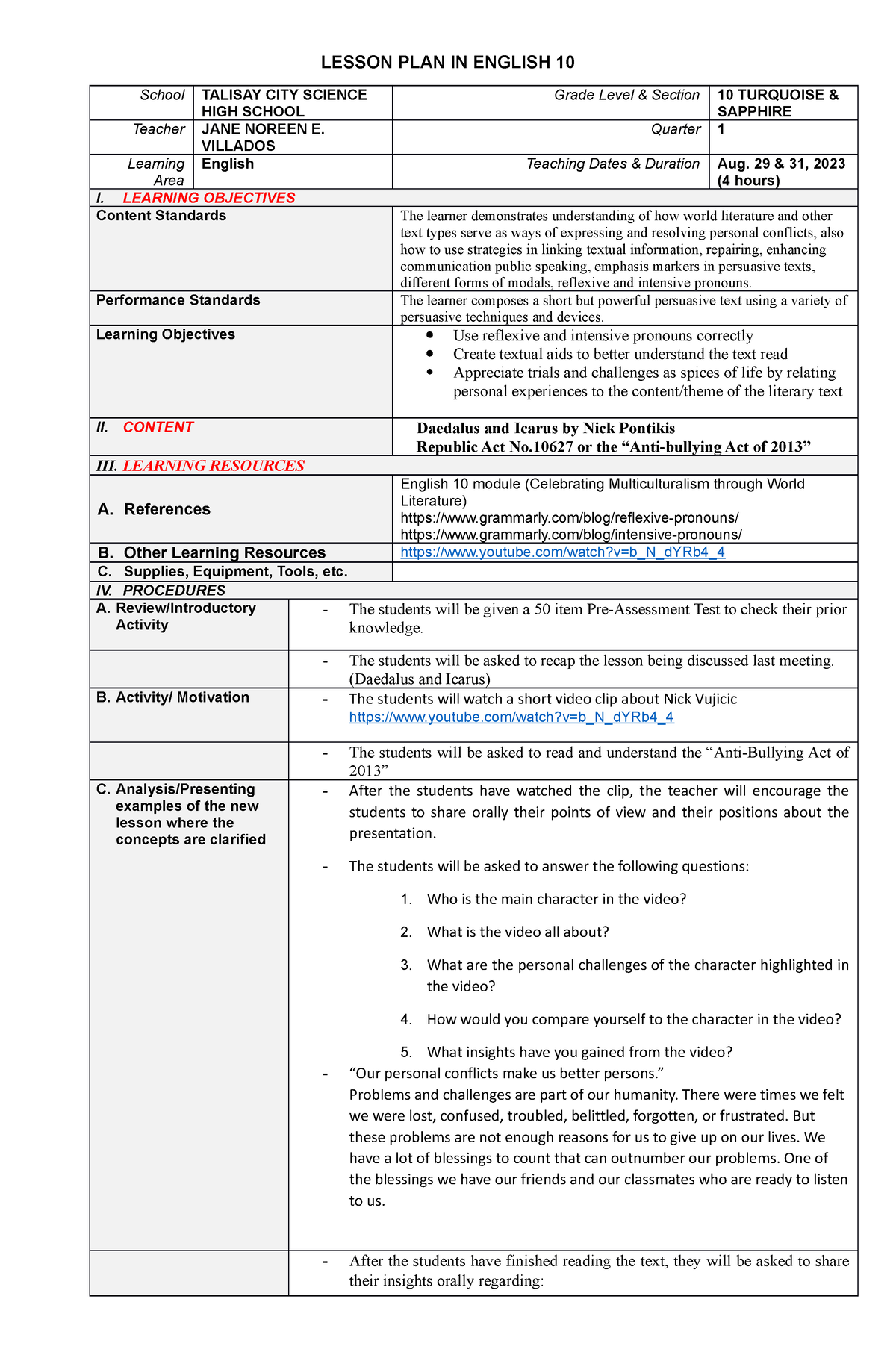 DLP-ENG-G10-Q1-WEEK 1-2 - LESSON PLAN IN ENGLISH 10 School TALISAY CITY ...