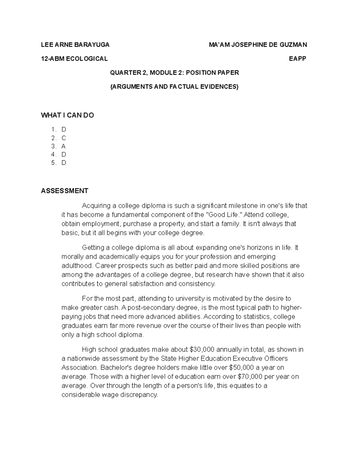 EAPP Module 2 Position Paper Arguments AND Factual Evidences LEE