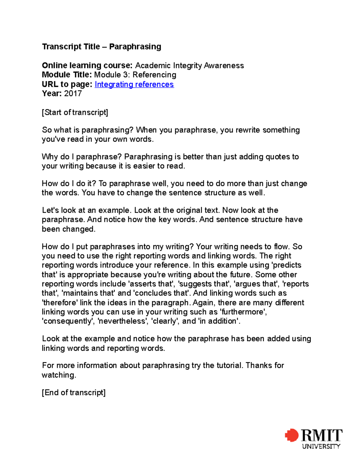 Paraphrasing transcript (.docx, 40KB) - Transcript Title – Paraphrasing ...