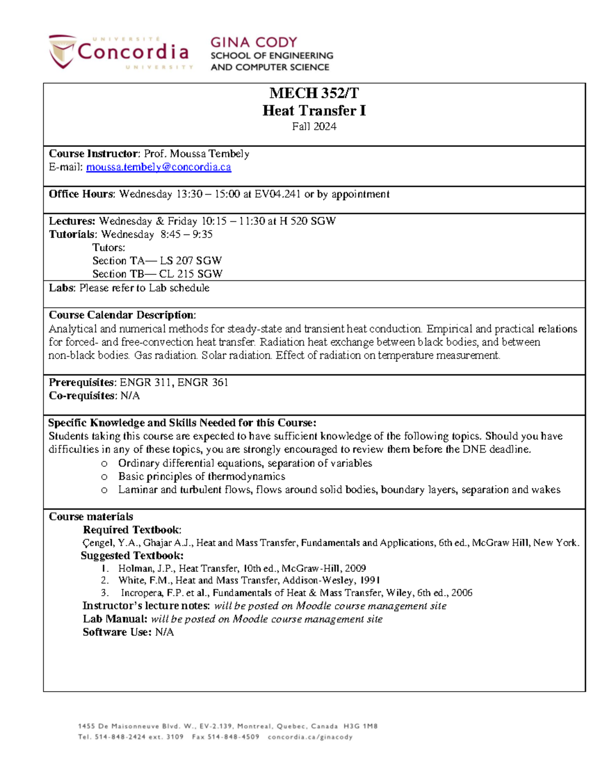 MECH 352 Course Outline - MECH 352 /T Heat Transfer I Fall 202 4 Course ...