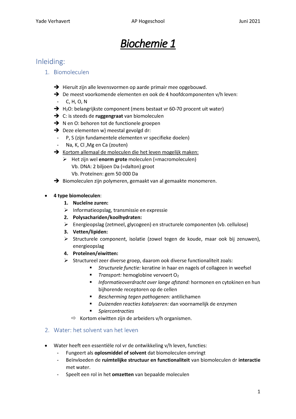 Samenvatting Examen Biochemie 1_semester 2 - Biochemie 1 Inleiding: 1 ...