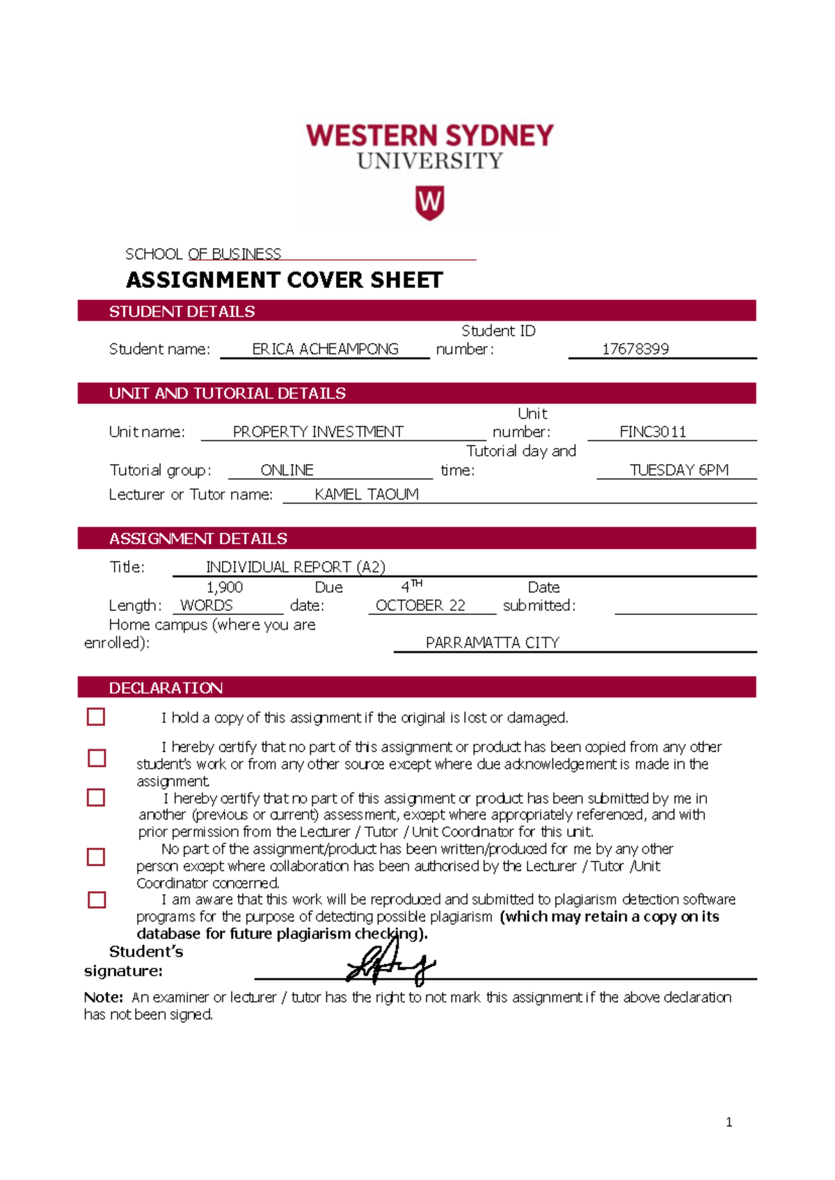 Investment Report - SCHOOL OF BUSINESS ASSIGNMENT COVER SHEET STUDENT ...