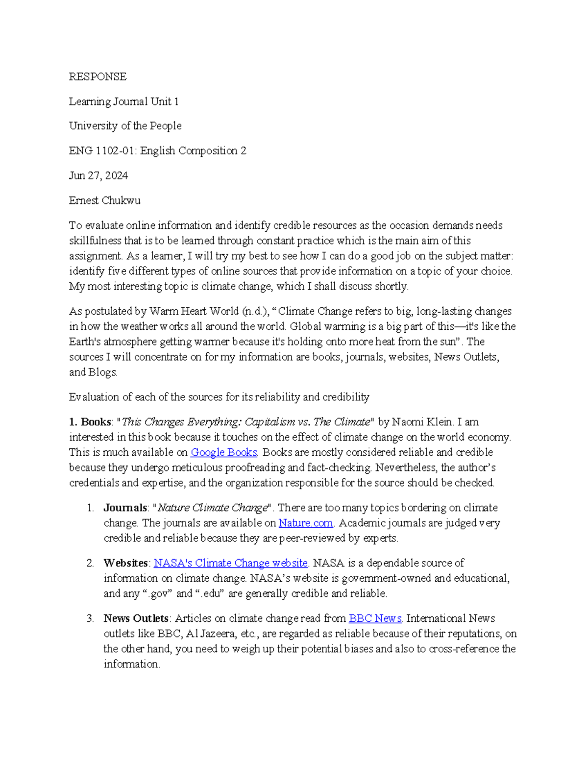 Response to ENG 1101 English Composition 2 Learning Journal Unit 1 ...