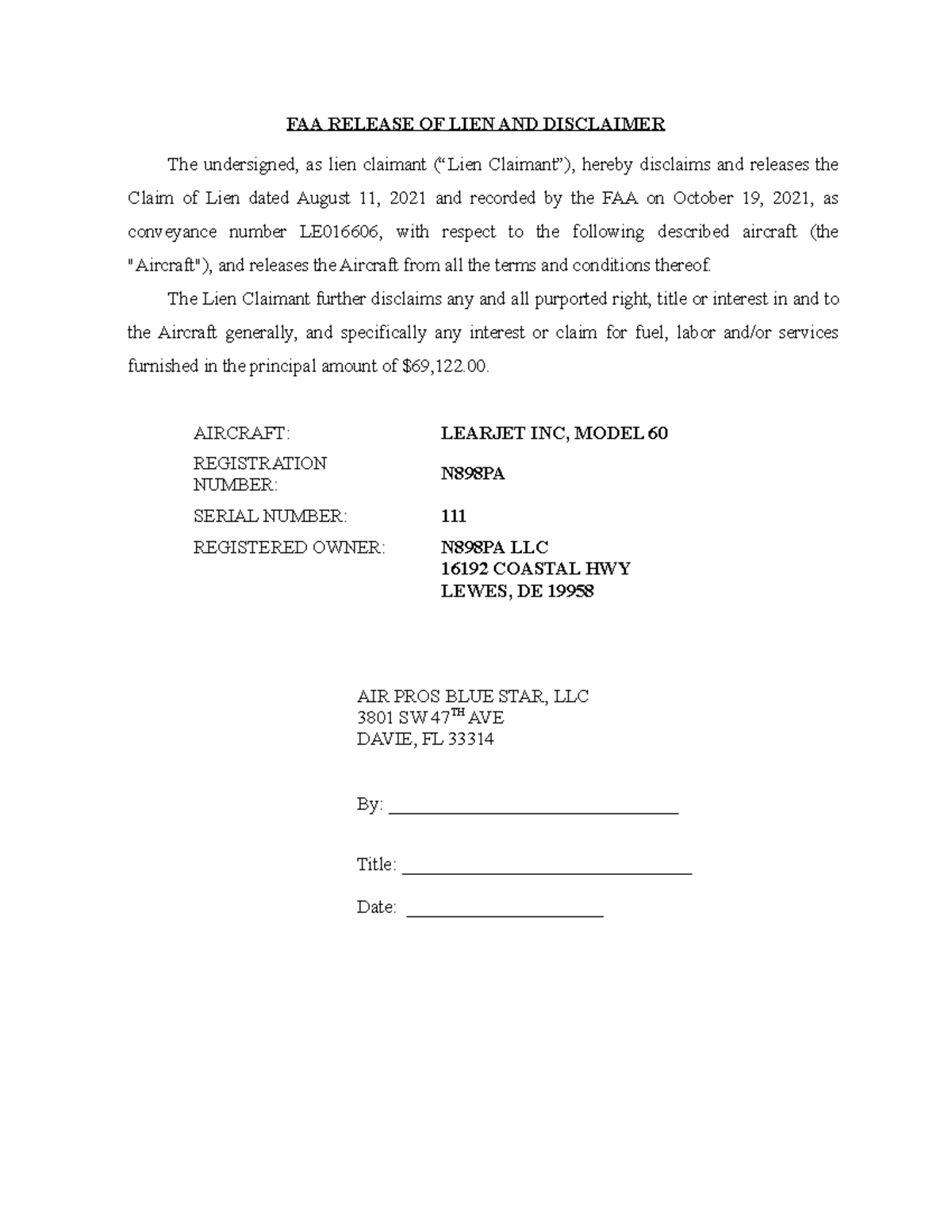 Lien Cancellation lienQ!!! FAA RELEASE OF LIEN AND DISCLAIMER The