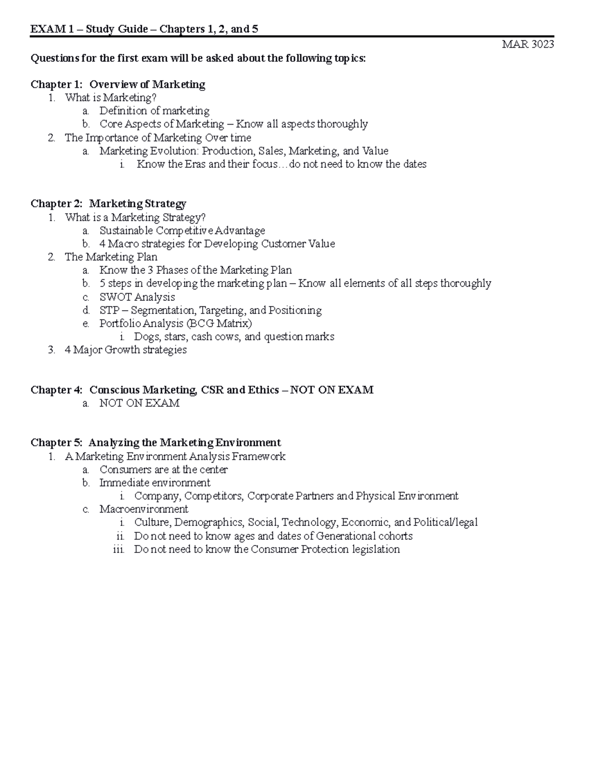 EXAM 1 Study Guide - for exam - EXAM 1 – Study Guide – Chapters 1, 2 ...