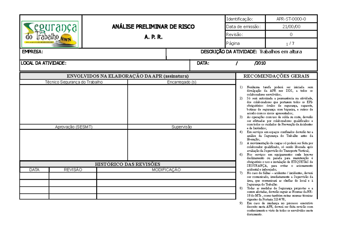 Apr Trabalho Em Altura Segurança Do Trabalho Nwn 1 AnÁlise Preliminar De Risco A P R Data 5255