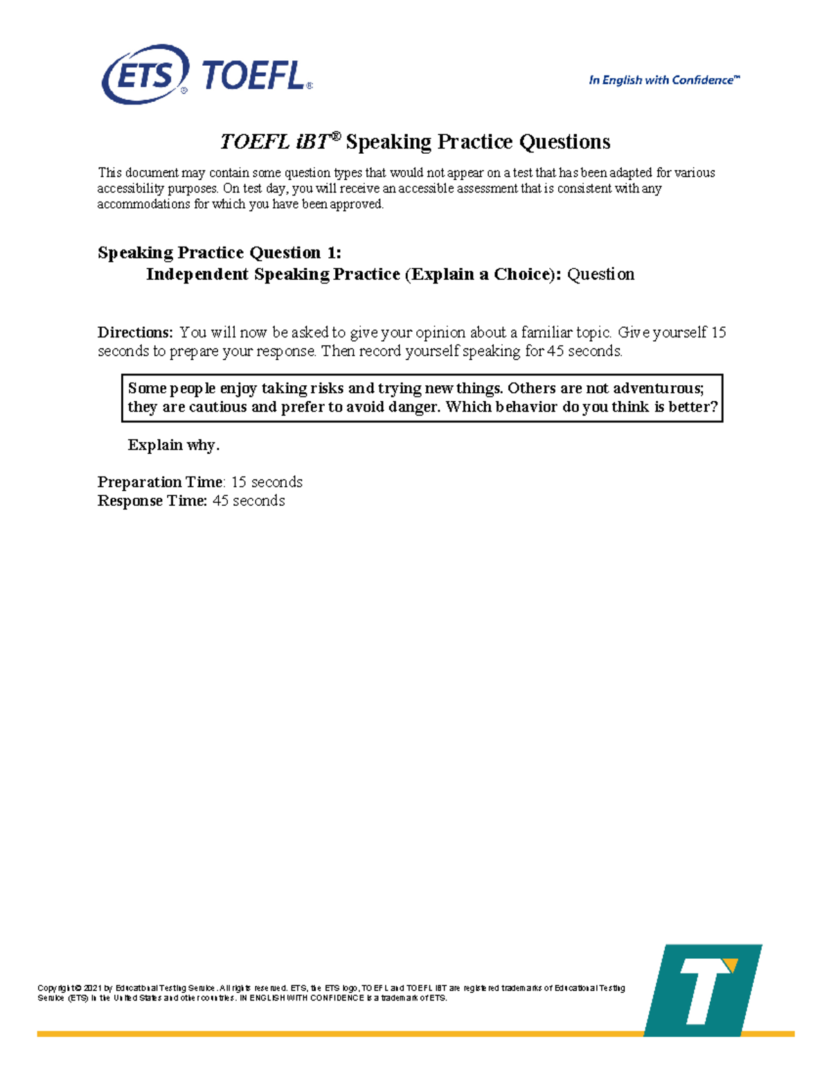 Speaking Practice Set - Copyright © 2021 by Educational Testing Service ...