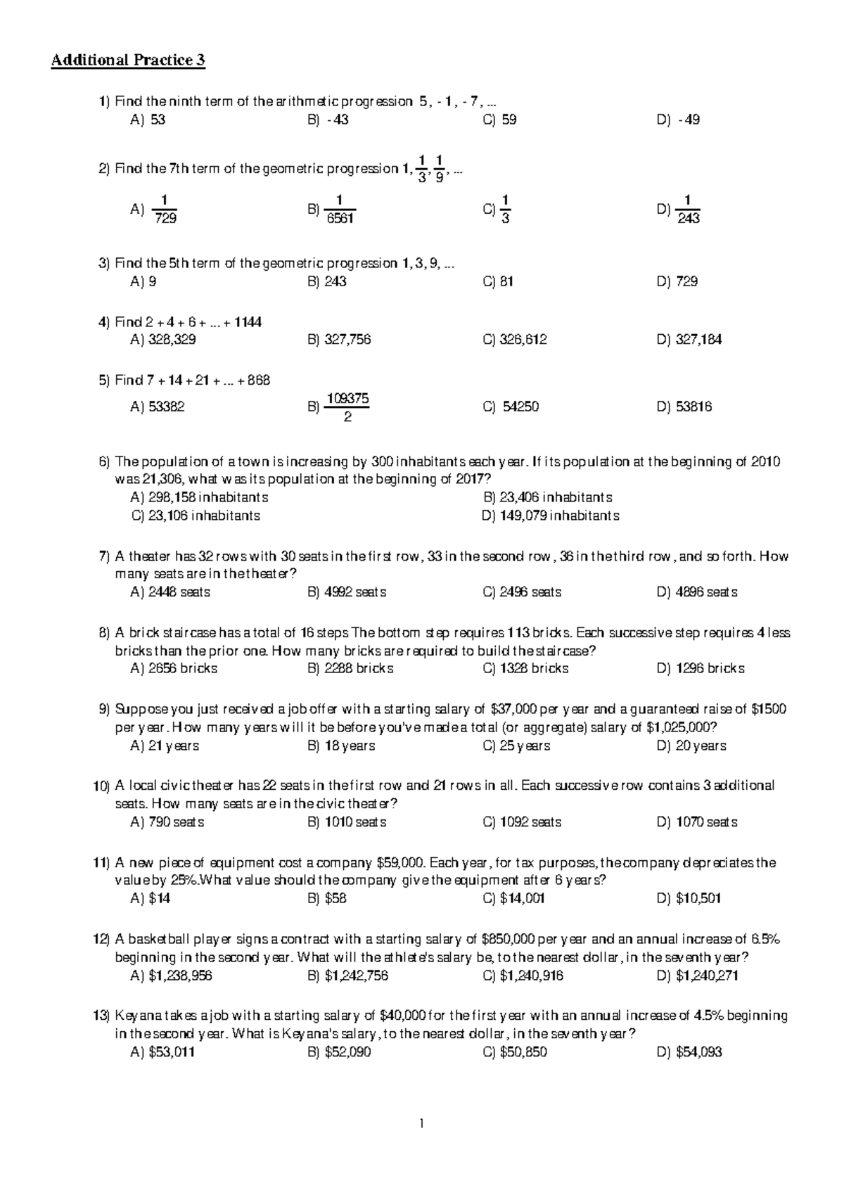 Additional Practice 3 - .. A) 53 B) - 43 C) 59 D) - 49 Find the 7th ...