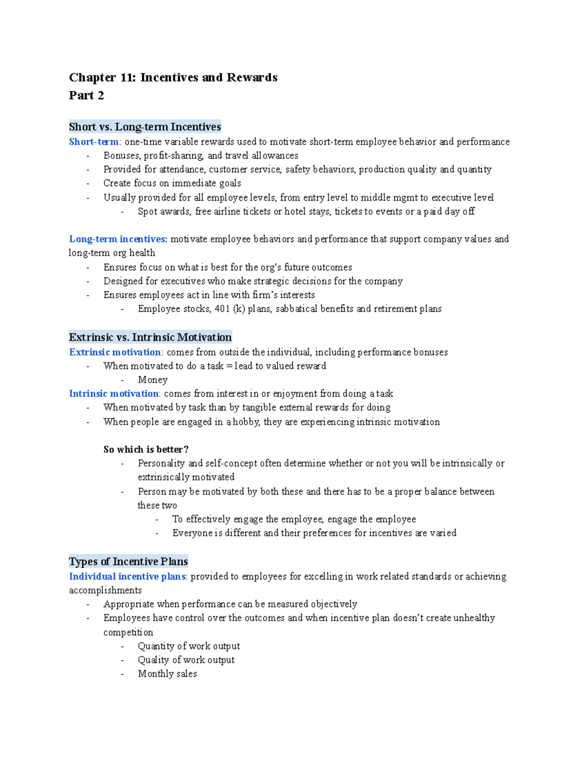 Chapter 11 Incentives and Rewards (Part 2) Longterm Incentives Short