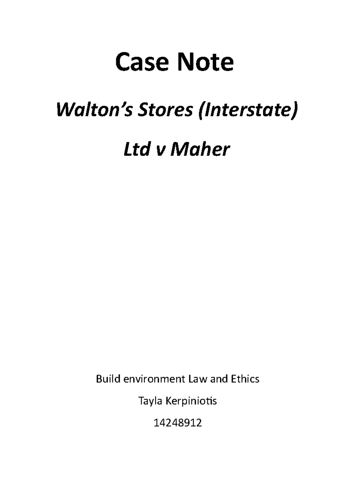 Case note Property economics first year law subject assigment Case