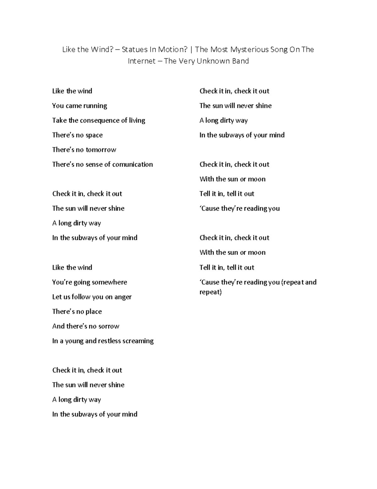 The Most Mysterious Song On The (unofficial lyrics) Like the