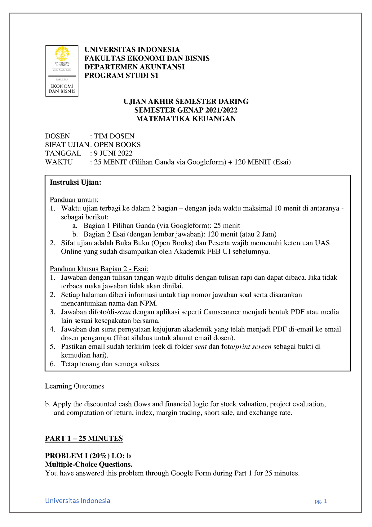 Soal UAS Matematika Keuangan Genap 2022 Final - UNIVERSITAS INDONESIA ...
