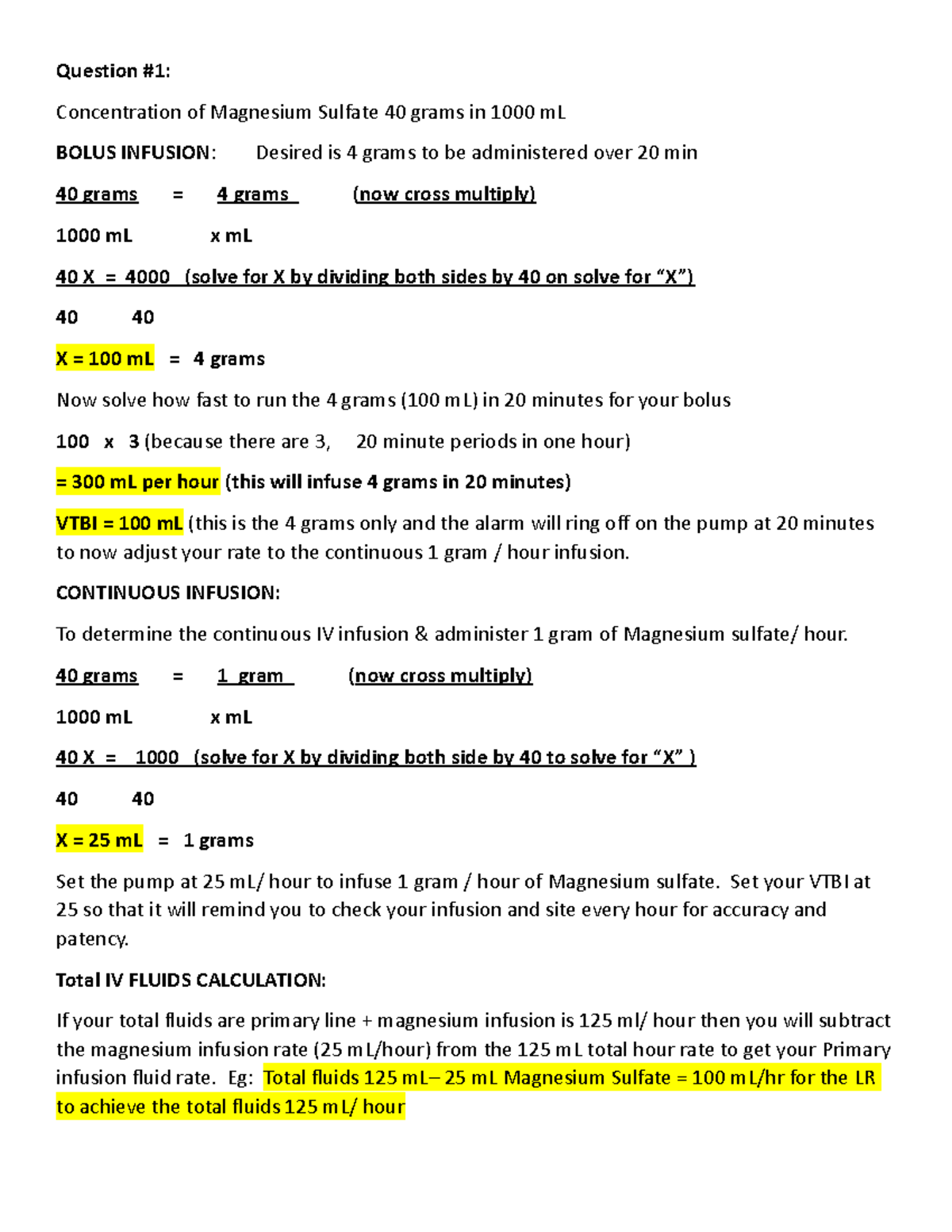 Answers to magnesium sulfate calcs Question 1 Concentration of Magnesium Sulfate 40 grams in