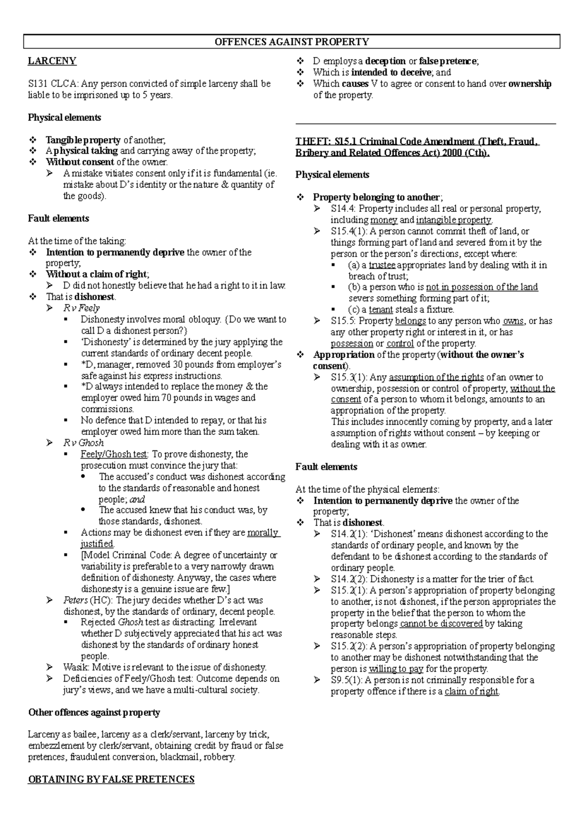 Law of Crime 6 - OFFENCES AGAINST PROPERTY LARCENY S131 CLCA: Any ...