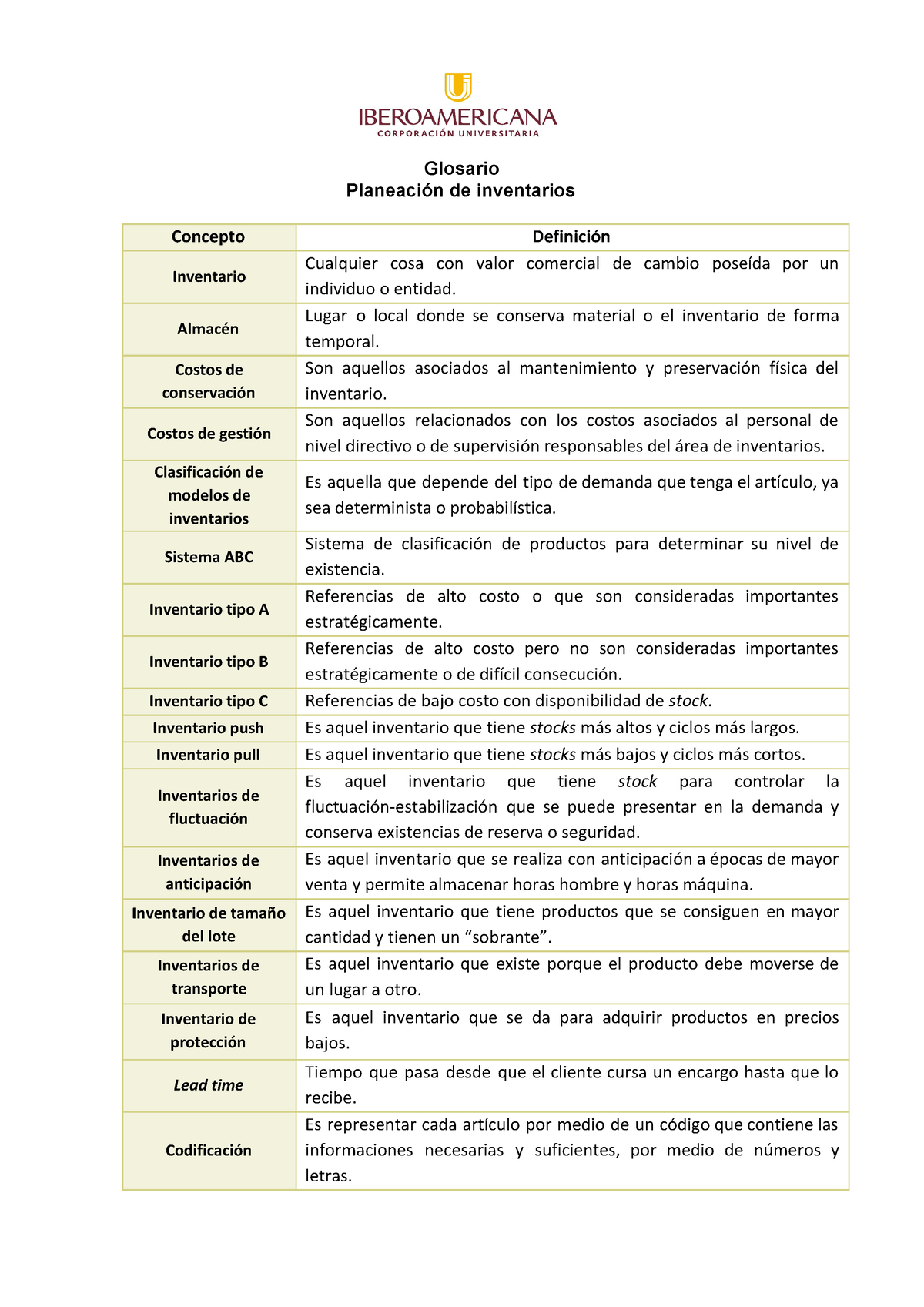 Glosario De Planeacion De Inventarios Glosario Planeación De Inventarios Concepto Definición 7683