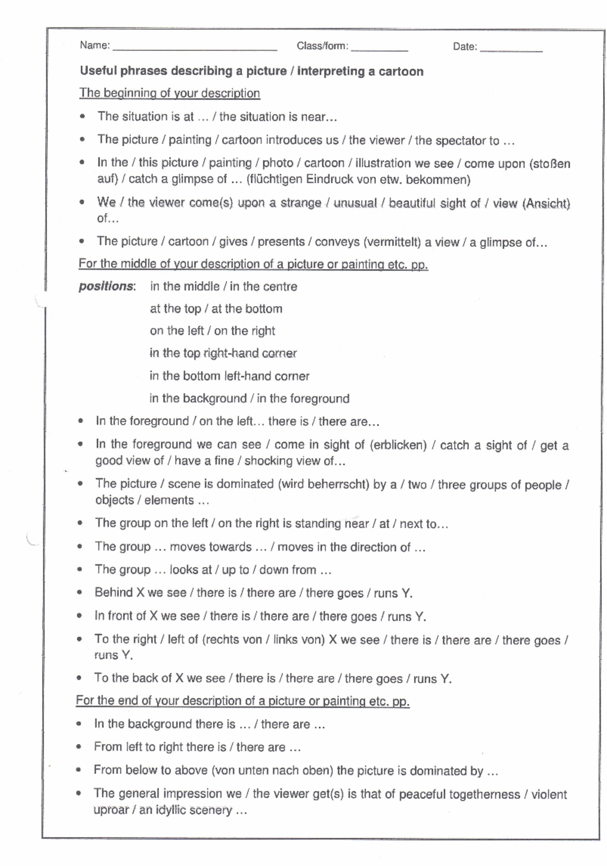 Useful Phrases Cartoon Analysis Vobabulary - interpreting a cartoon phrases for cartoons - Deutsch