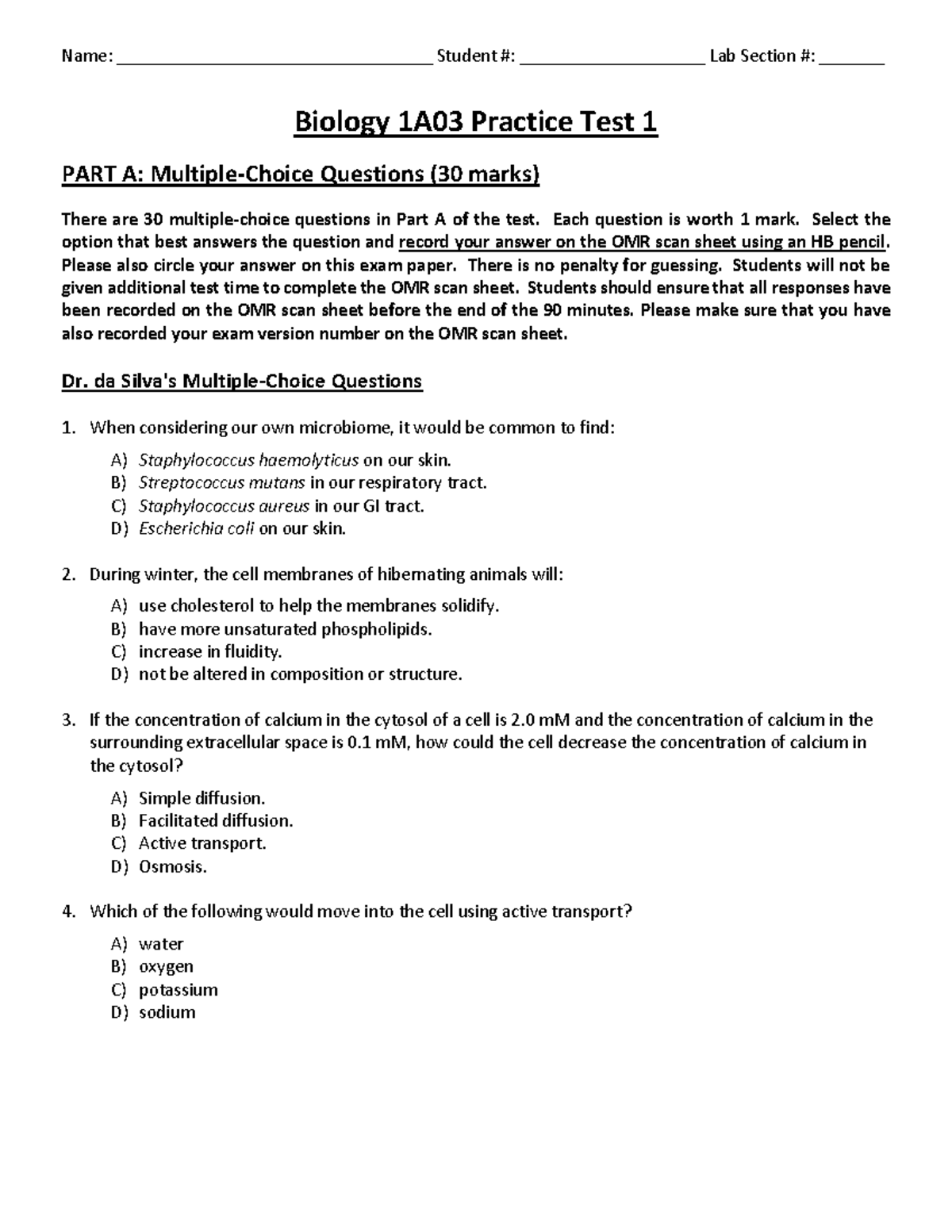 Bio1A03 Practice Test 1 - Biology 1A03 Practice Test 1 PART A: Multiple ...