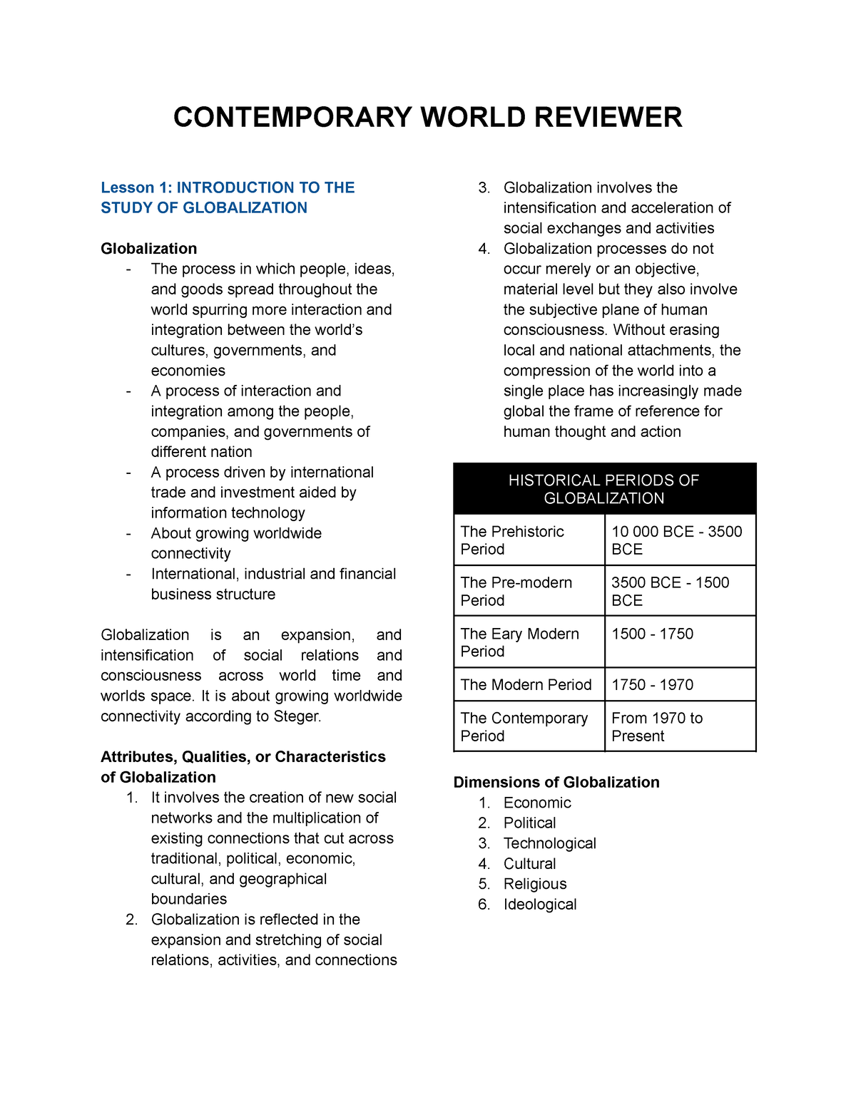 Contemporary World - Reviewer - CONTEMPORARY WORLD REVIEWER Lesson 1 ...