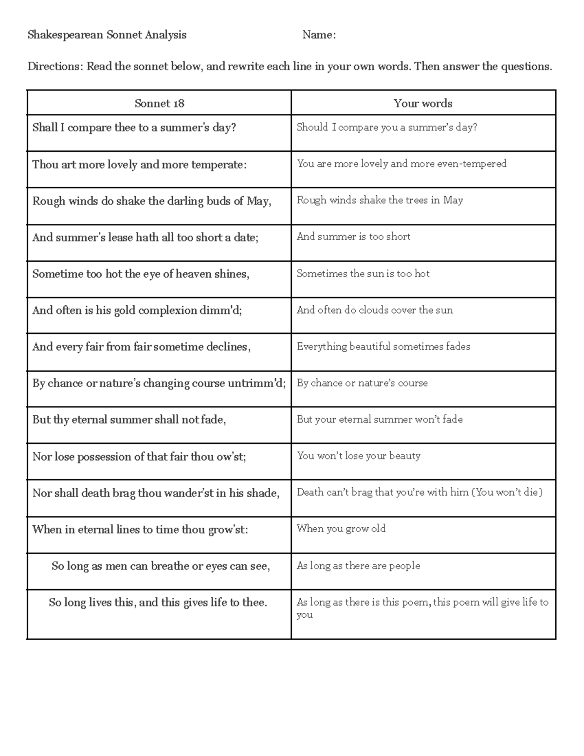 Sonnet 18 Answer Key - Shakespearean Sonnet Analysis Name: Directions ...