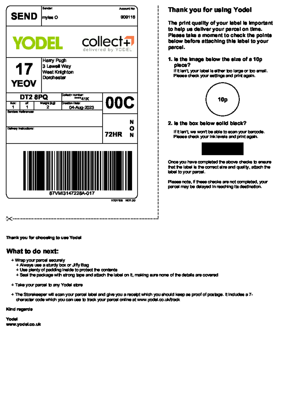 VintedLabel6635216782 Sender Account No Collect+ number Box of