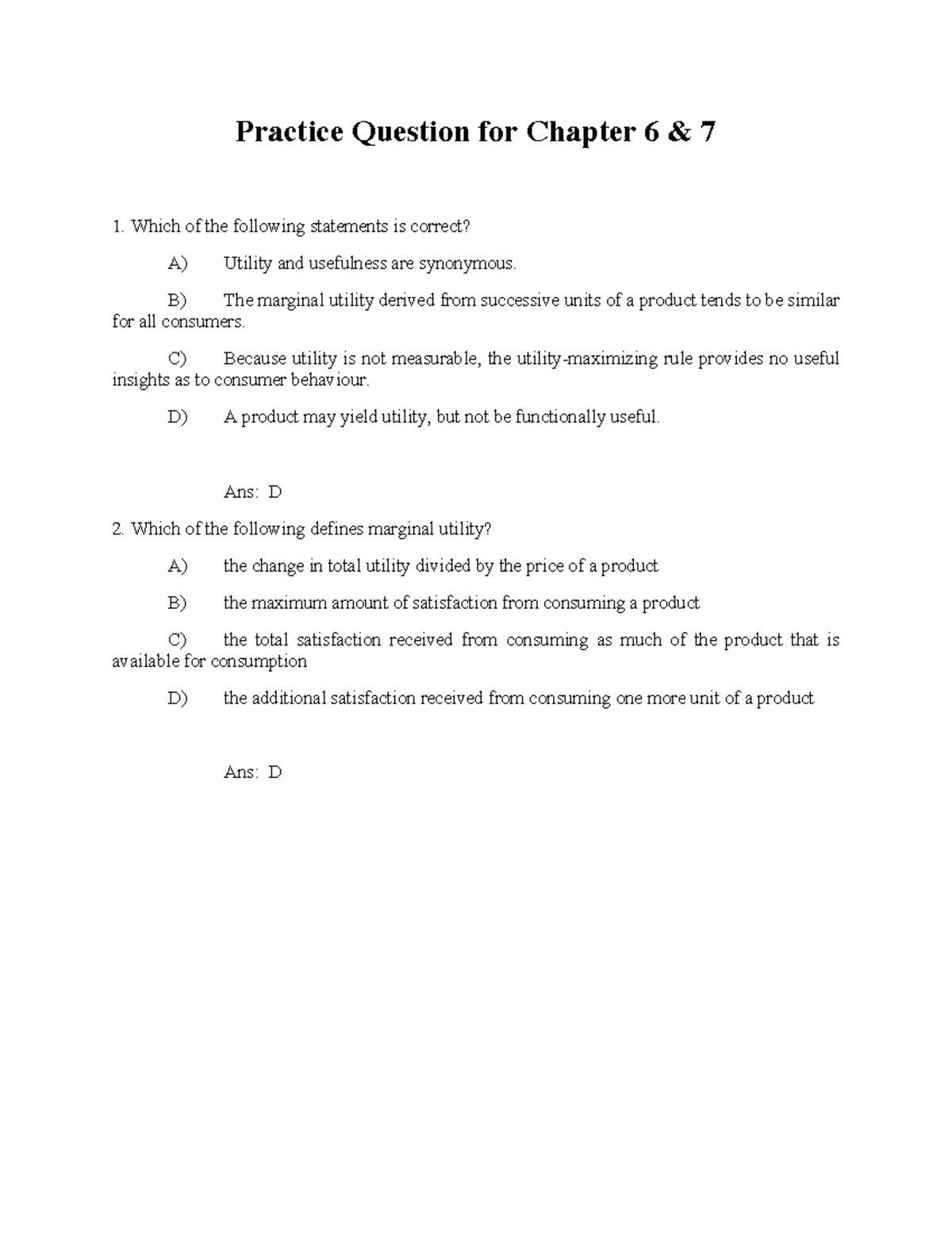 Chapter 6&7 Practice (w: Answers) - Practice Question For Chapter 6 & 7 ...