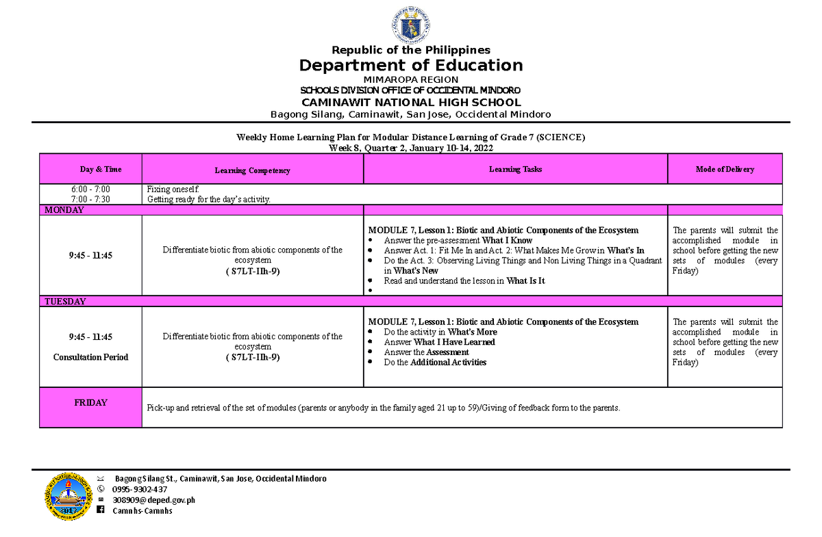 Whlp-q2 Science-7 Week-8 - Republic Of The Philippines Department Of 