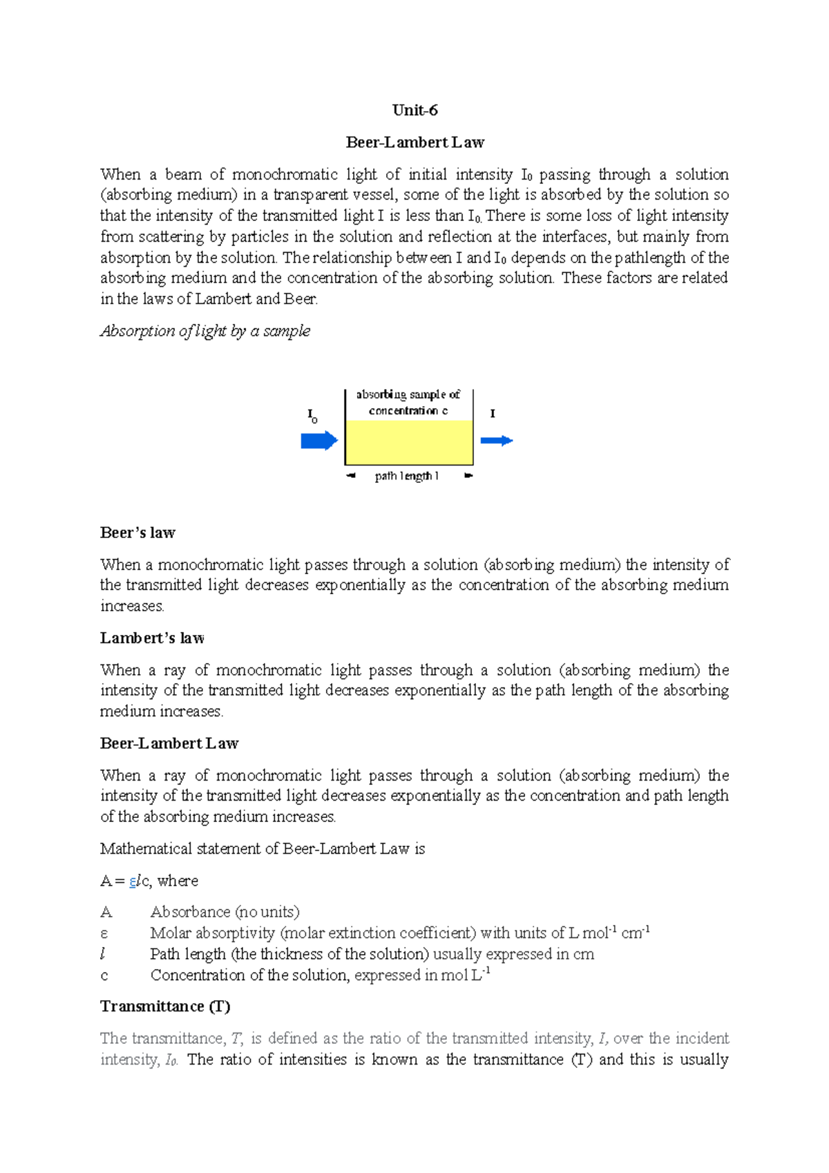 Absorbtion photometry Unit BeerLambert Law When a beam of
