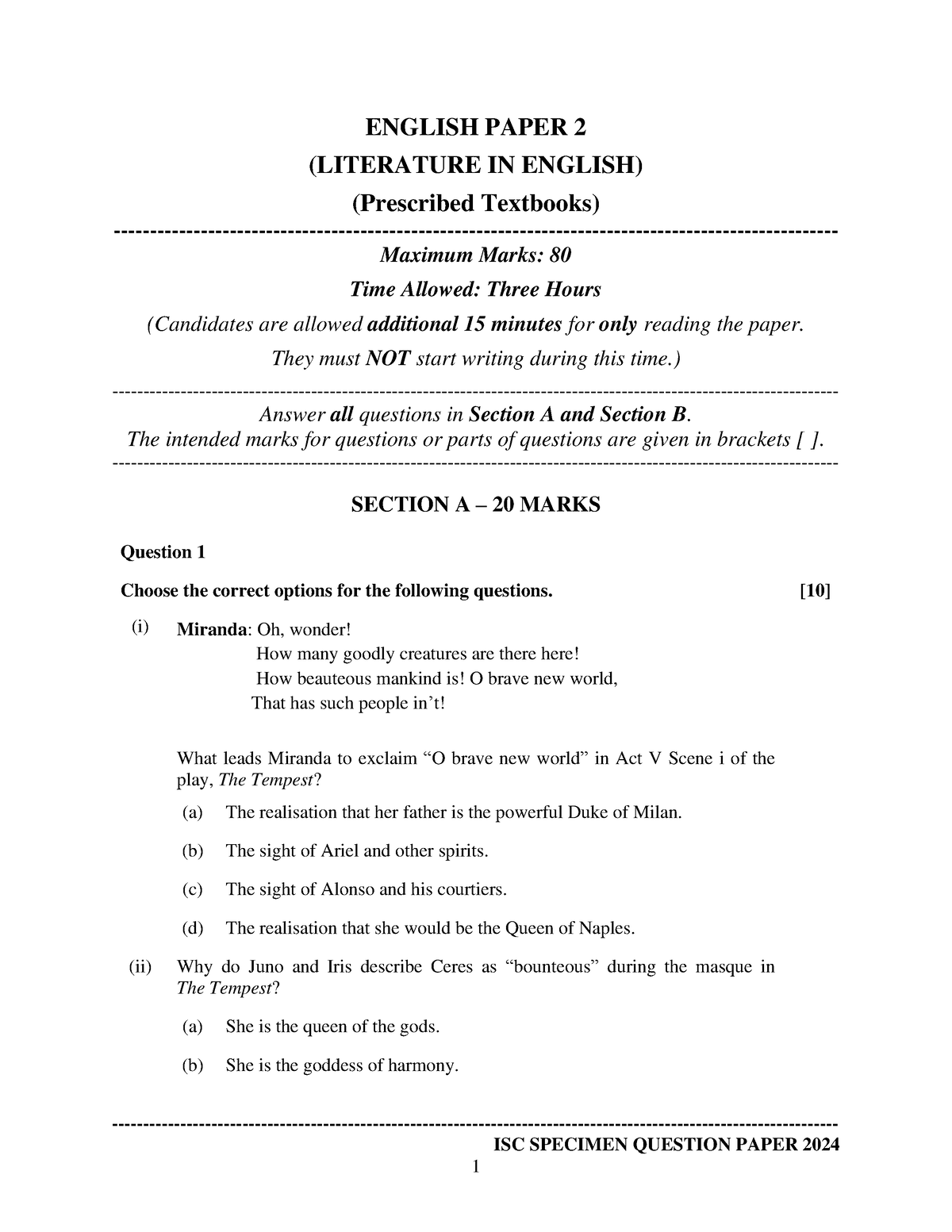 801b English Paper 2 Literature In English Specimen Paper Isc Specimen Question Paper 0233