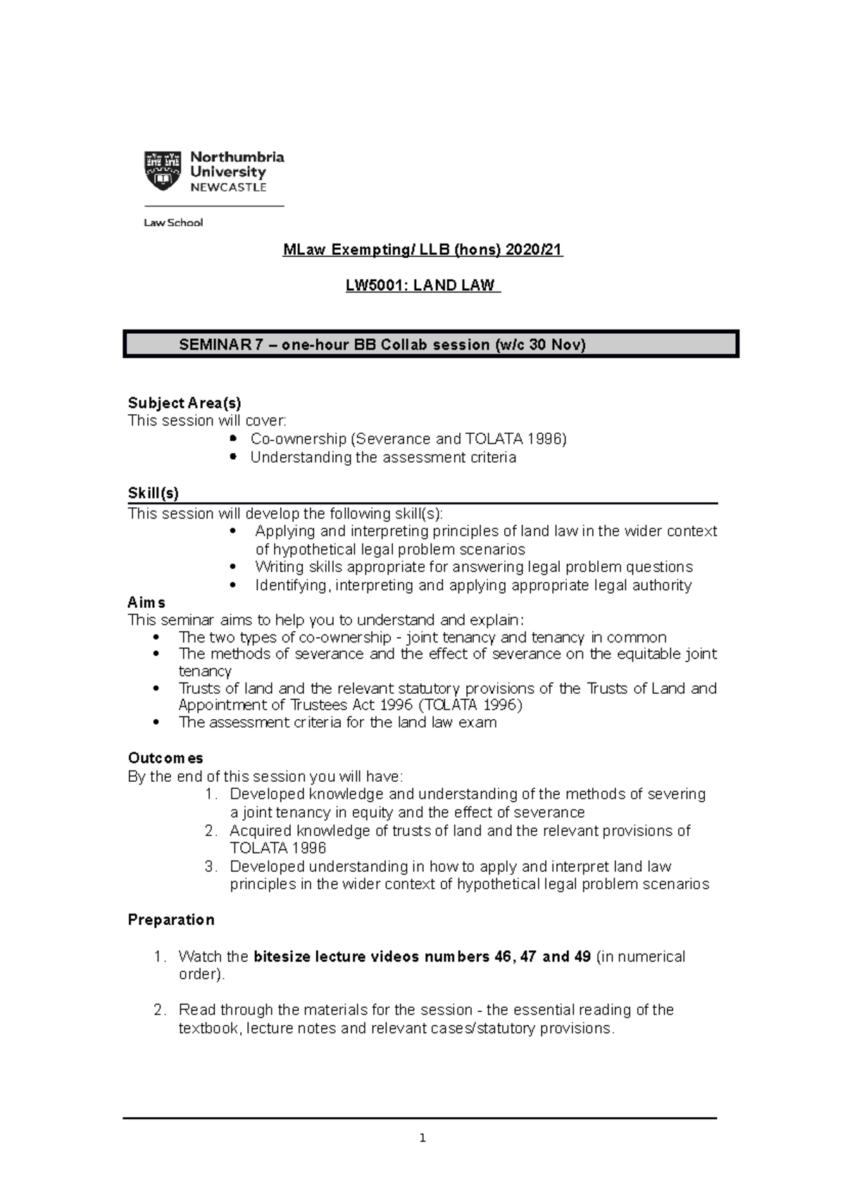 LW5001 - Semninar 7 (BB Collab) 2020 - MLaw Exempting/ LLB (hons) 2020 ...