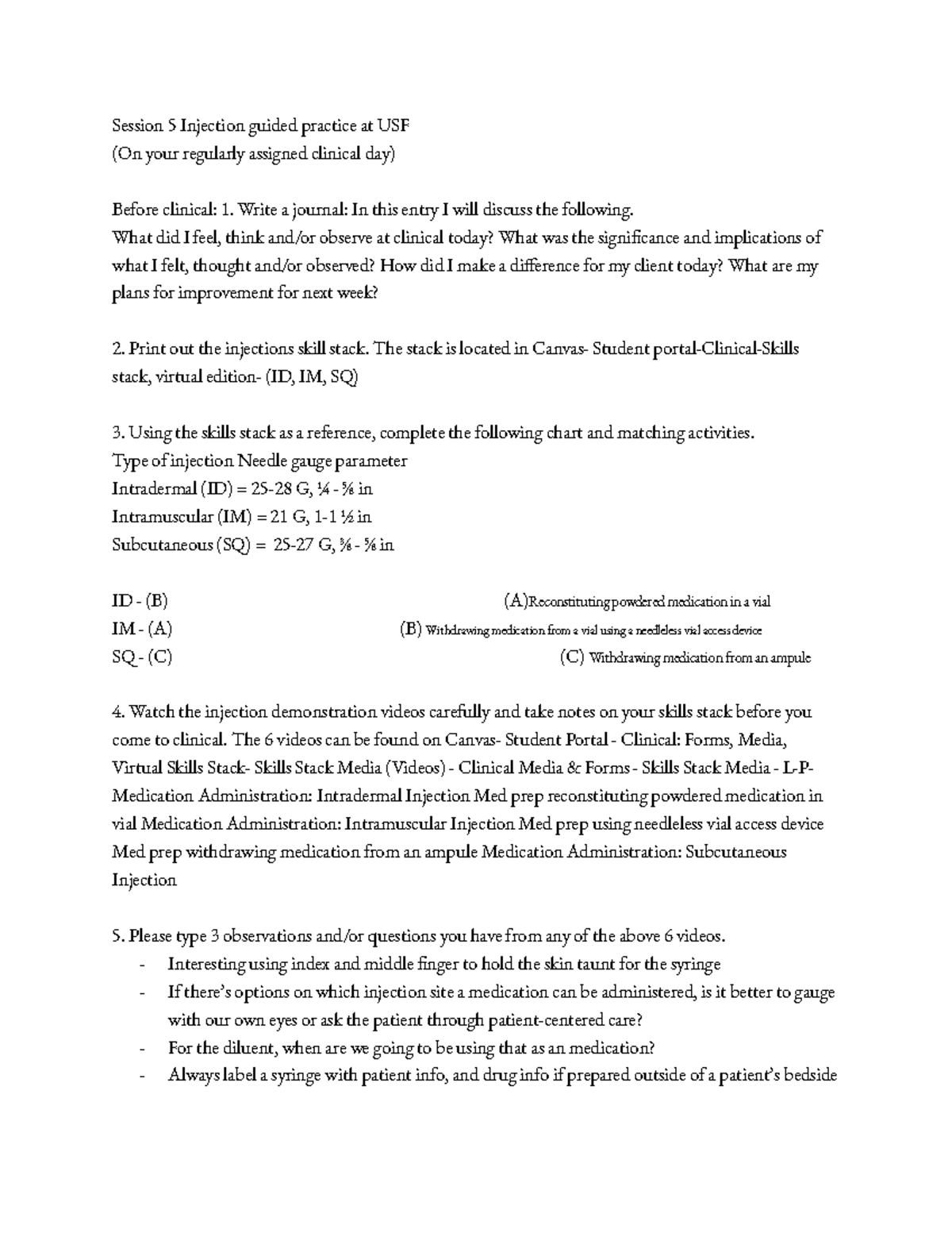 Clinical Session #5 Packet - Session 5 Injection guided practice at USF ...