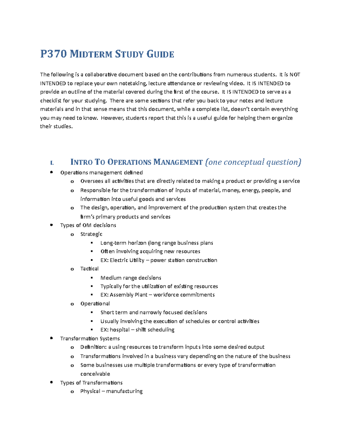 P370 Midterm Study Guide Fall 2021 - P370 MIDTERM STUDY GUIDE The ...