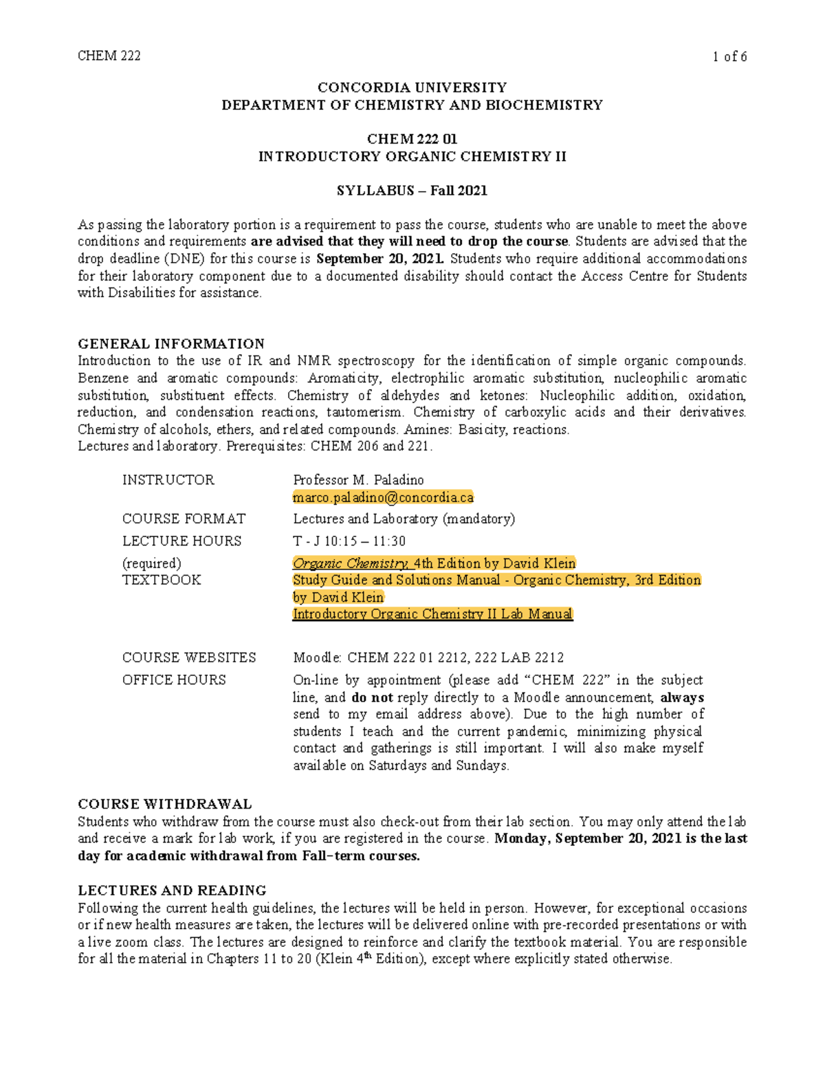 Chem 222 Course Outline for the semester CONCORDIA UNIVERSITY