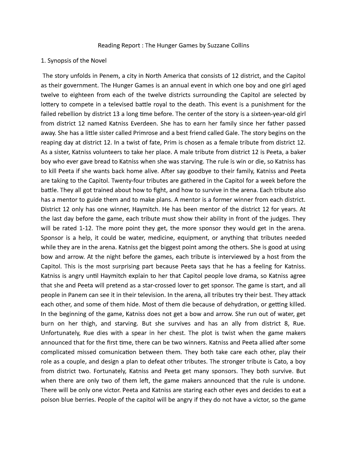 hunger games book report essay