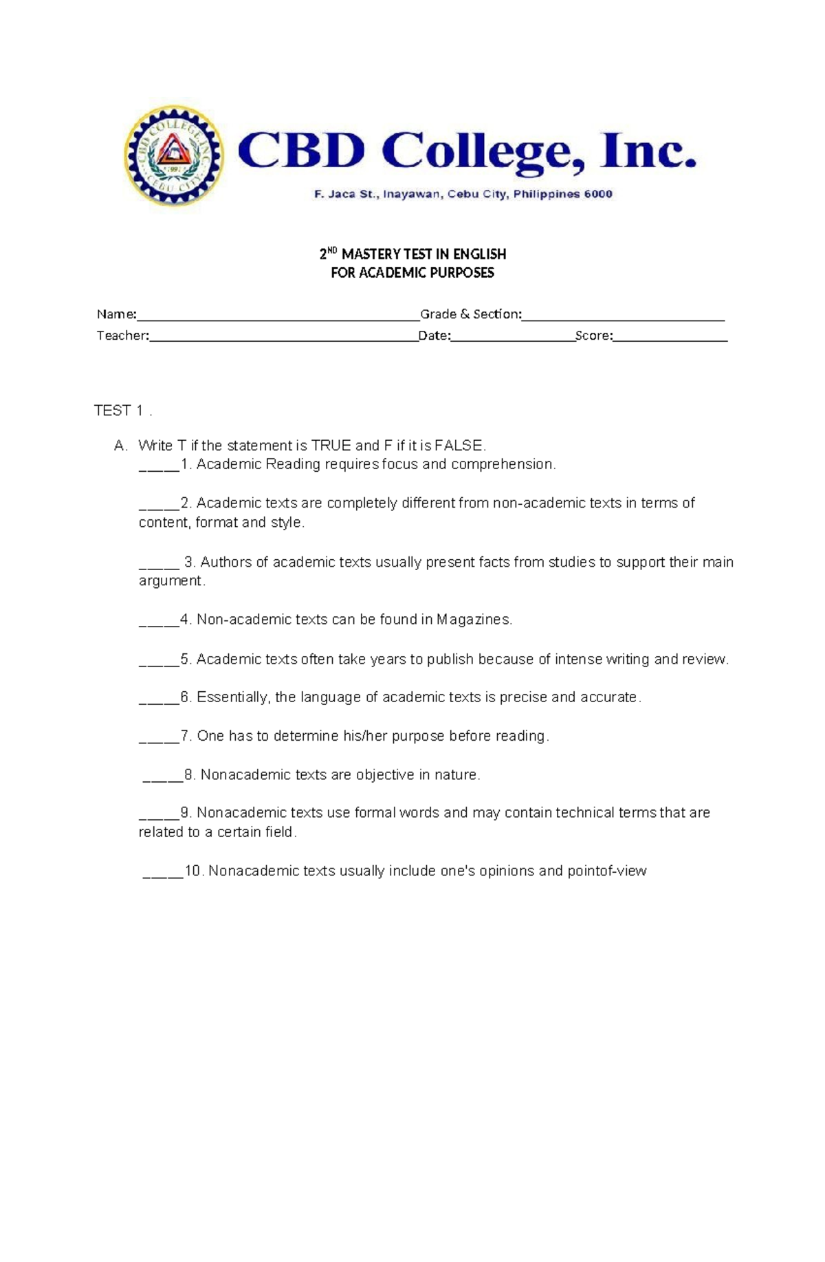 1st Mastery TEST IN English FOR ACAD - 2 ND MASTERY TEST IN ENGLISH FOR ...