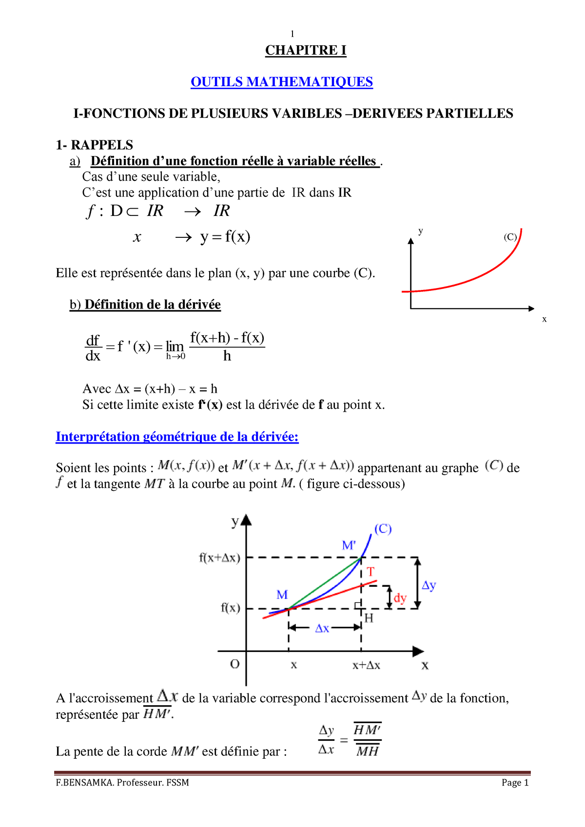 Thermodynamique - F. Professeur. FSSM Page 1 CHAPITRE I OUTILS ...