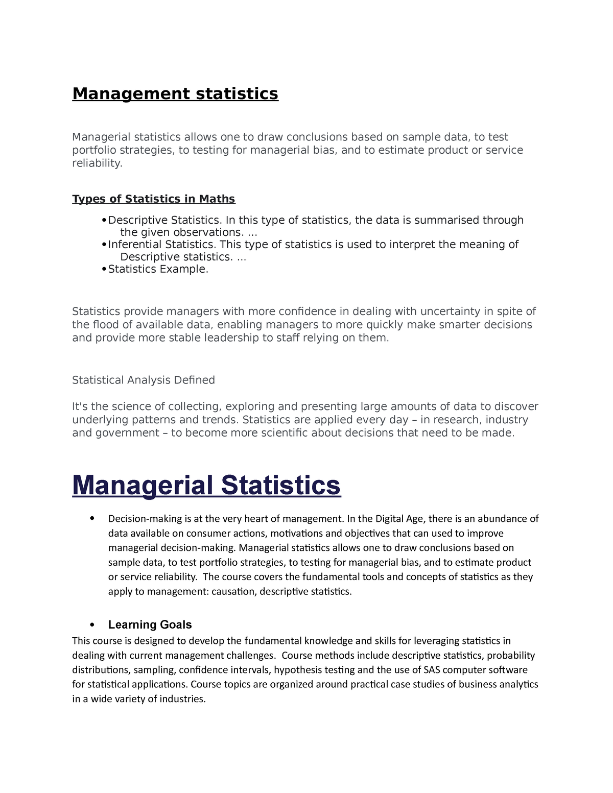 Statistics for management Management statistics Managerial statistics