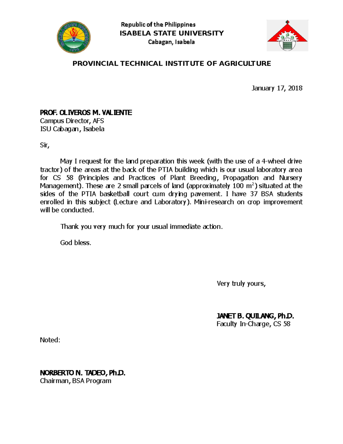 Request Letter for Land Prep - Republic of the Philippines ISABELA ...