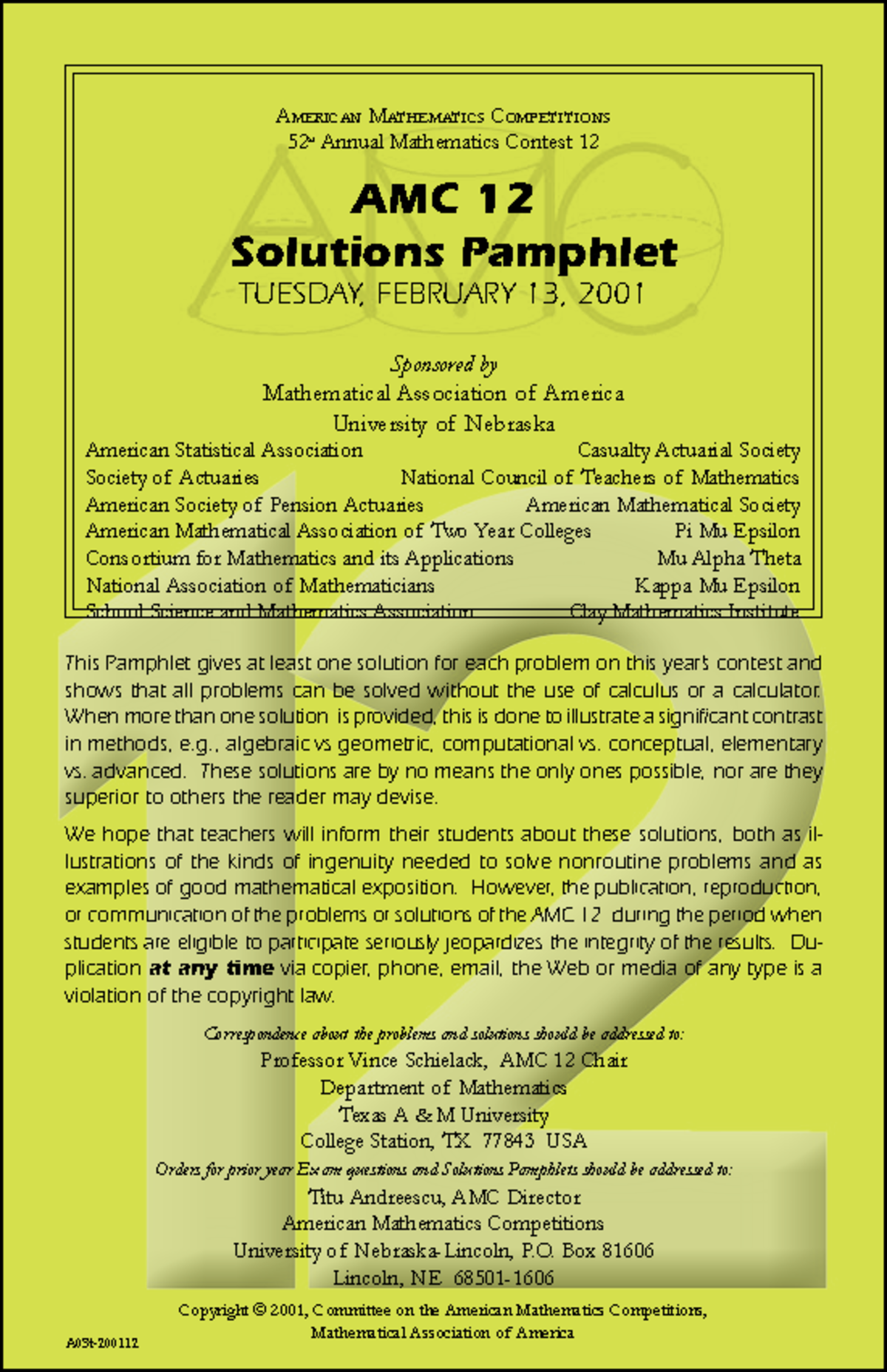 2001 AMC 12 Solutions A mericAn mAthemAtics competitions 52 st annual