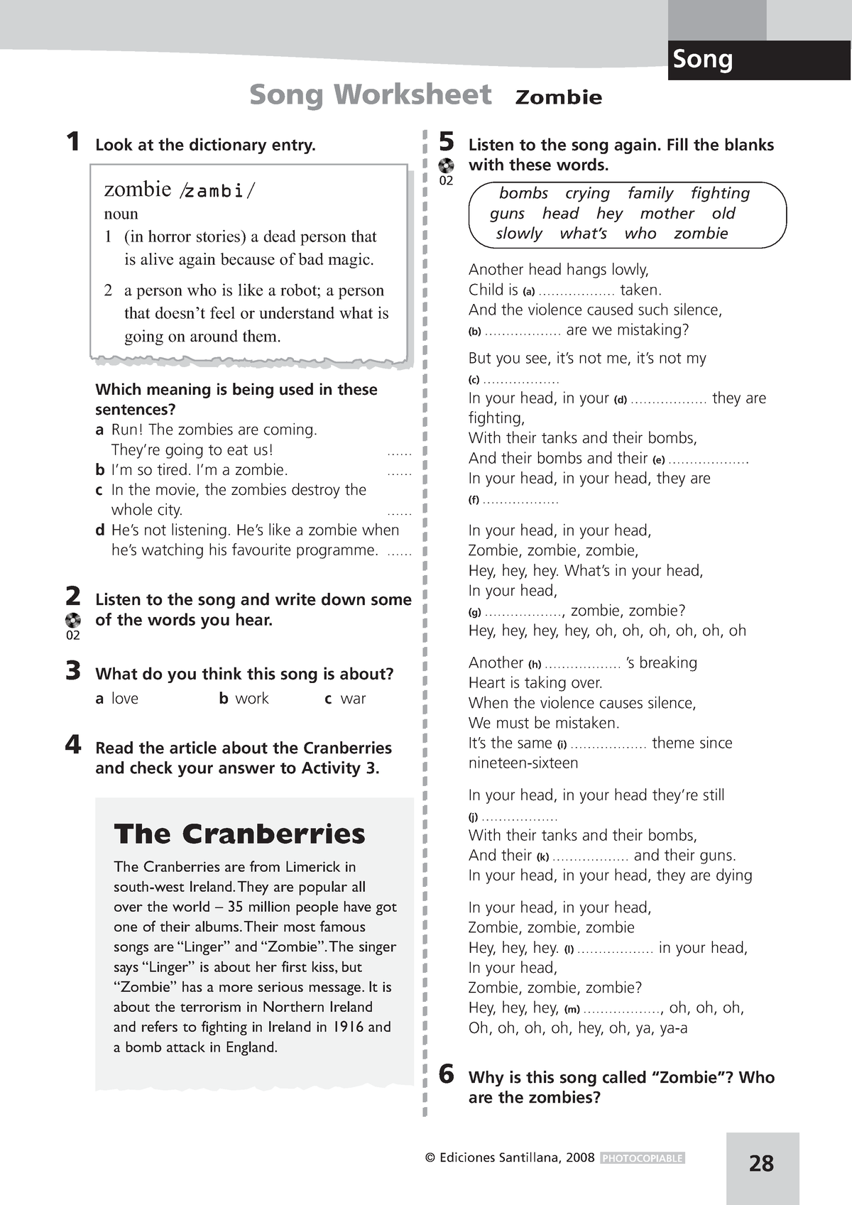 Zombie by The Cranberries worksheet