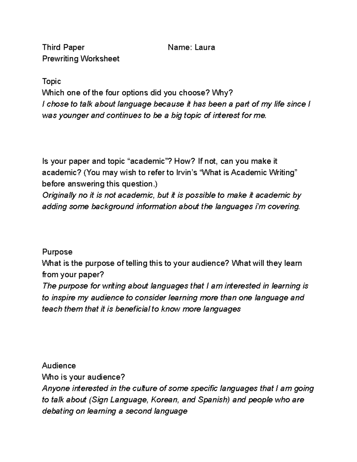 ::Third Paper Prewriting Worksheetg - Third Paper Name: Laura ...
