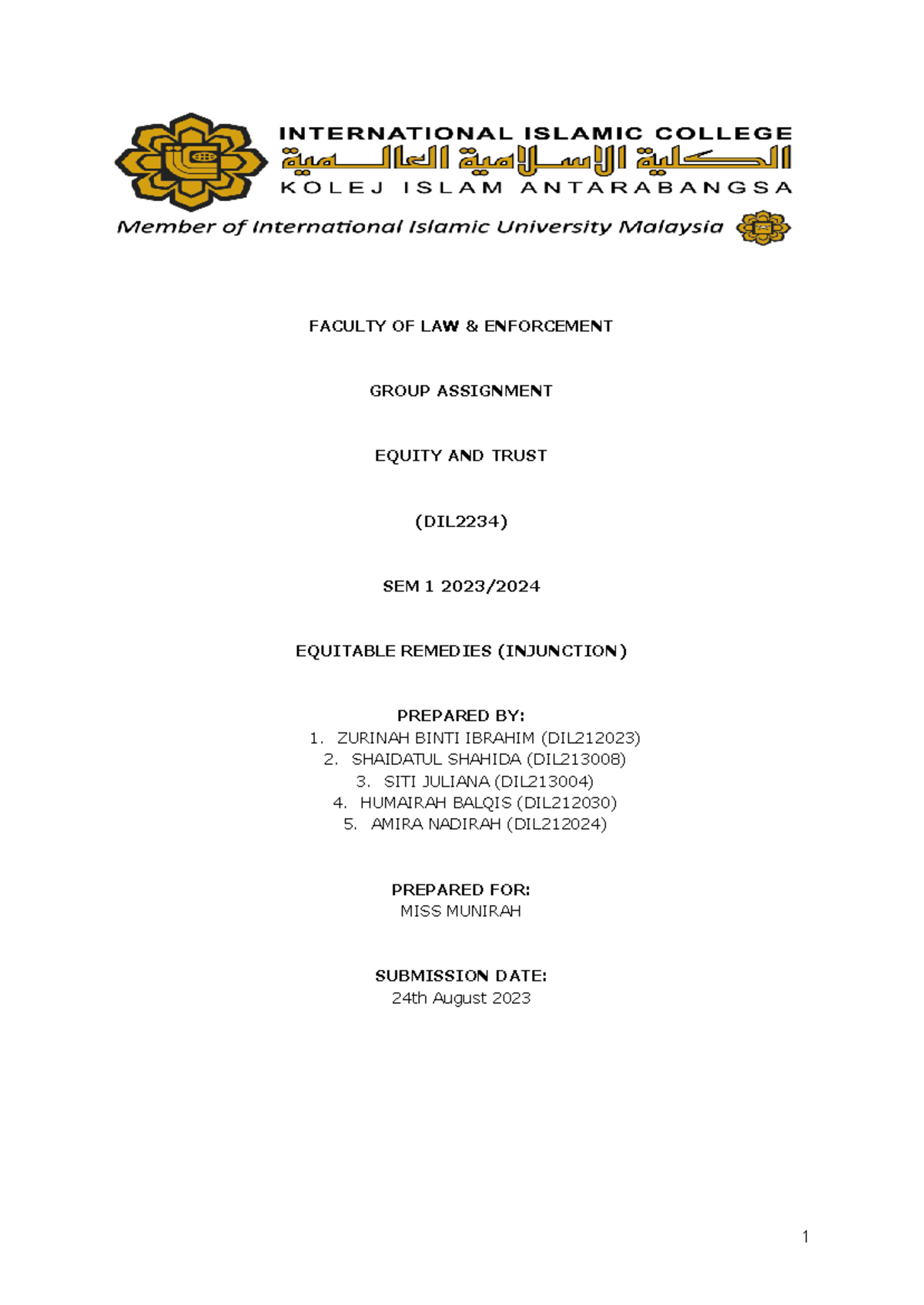 Group Assignment Equity and Trust - FACULTY OF LAW & ENFORCEMENT GROUP ...