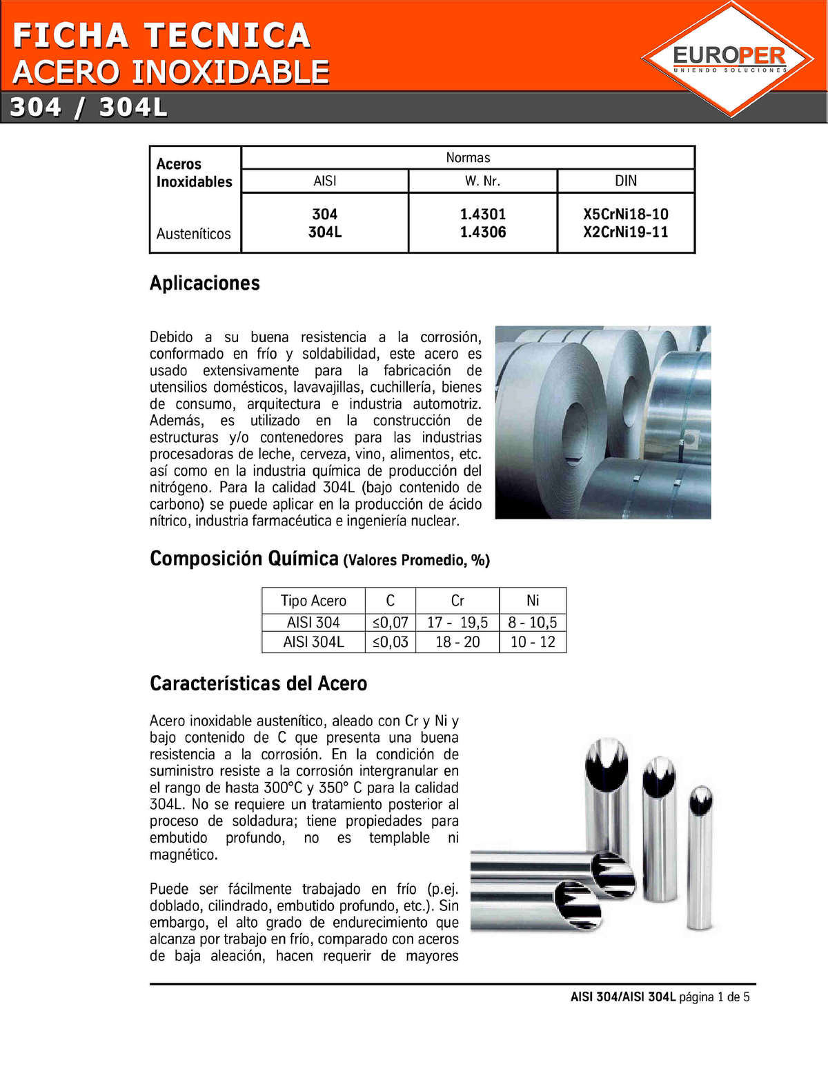 Fichas Tecnica Acero INOX - Ciencias De Materiales - Studocu