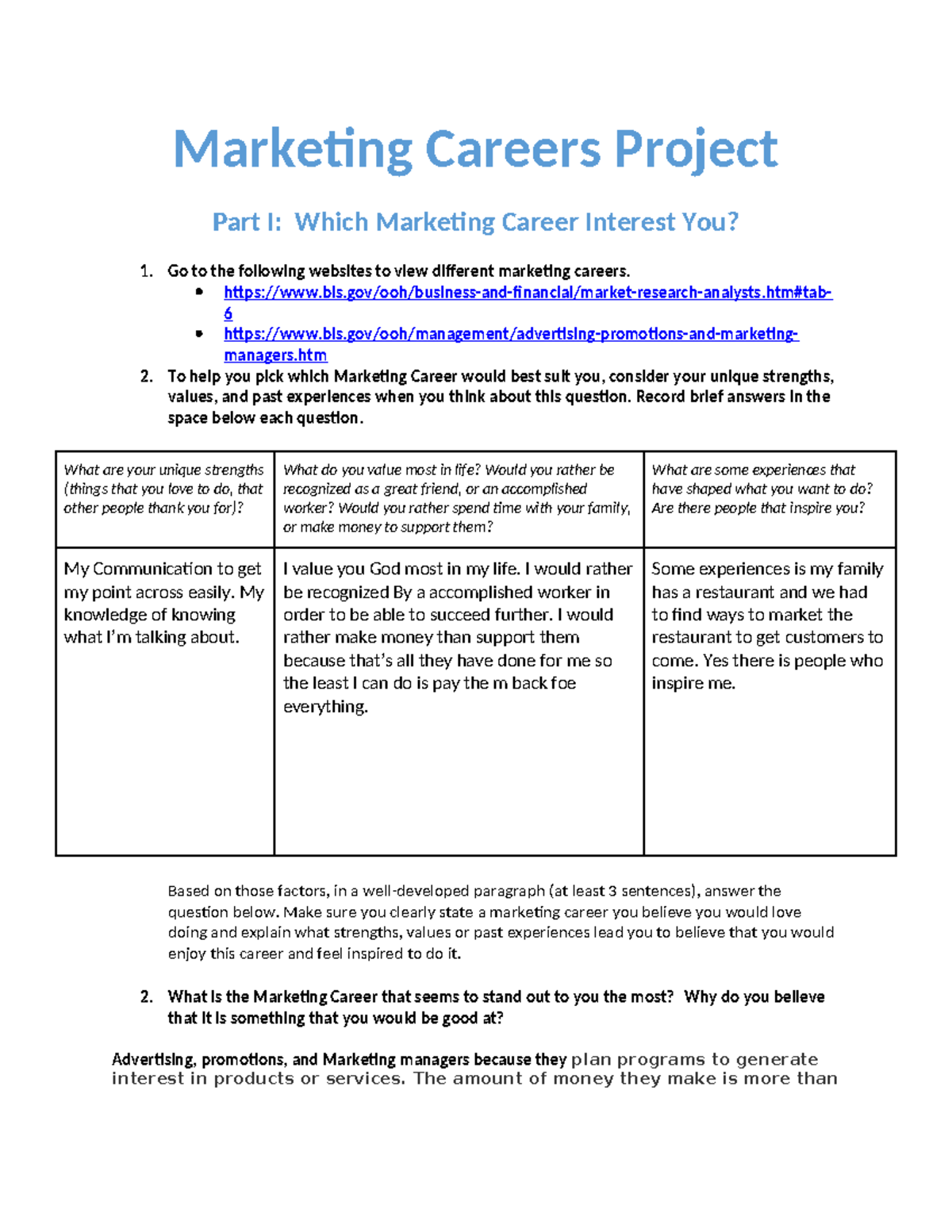 Marketing+Careers+Project+Part+1 - Marketing Careers Project Part I ...