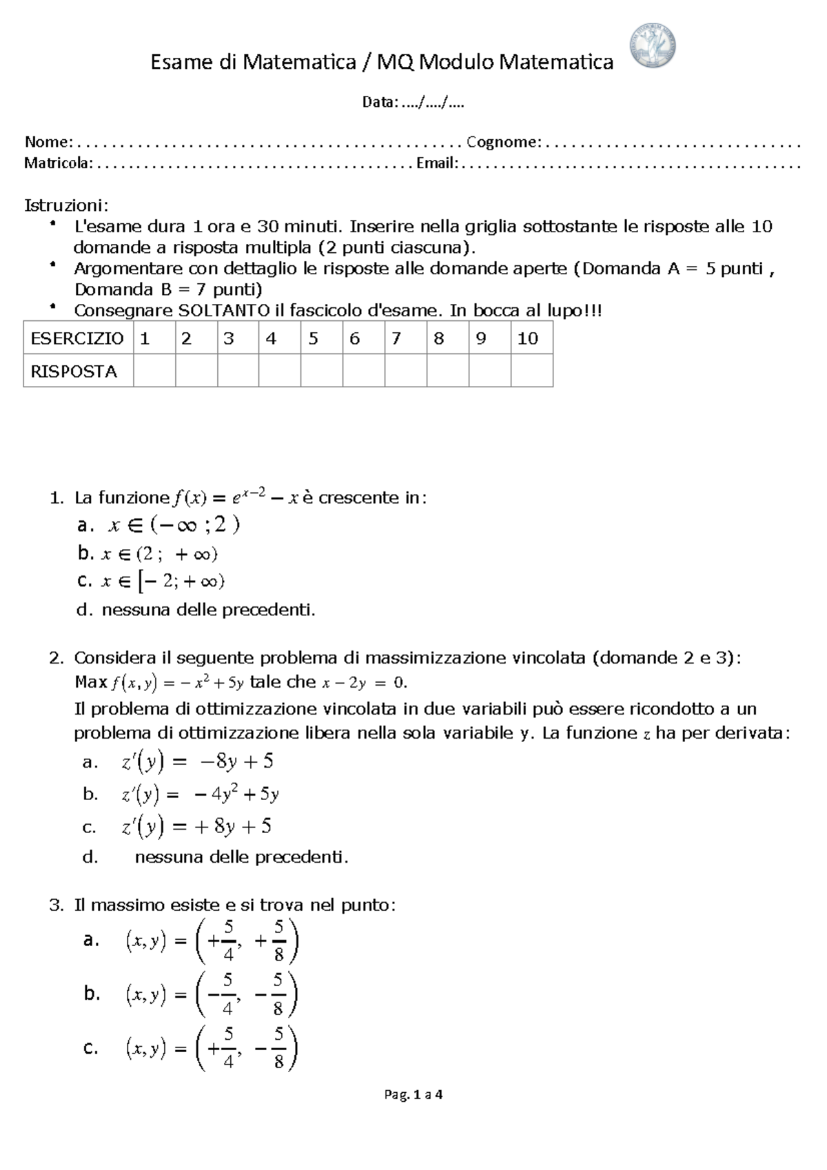 Prova B - Esame Di Matema+ca / MQ Modulo Matema+ca Data ...