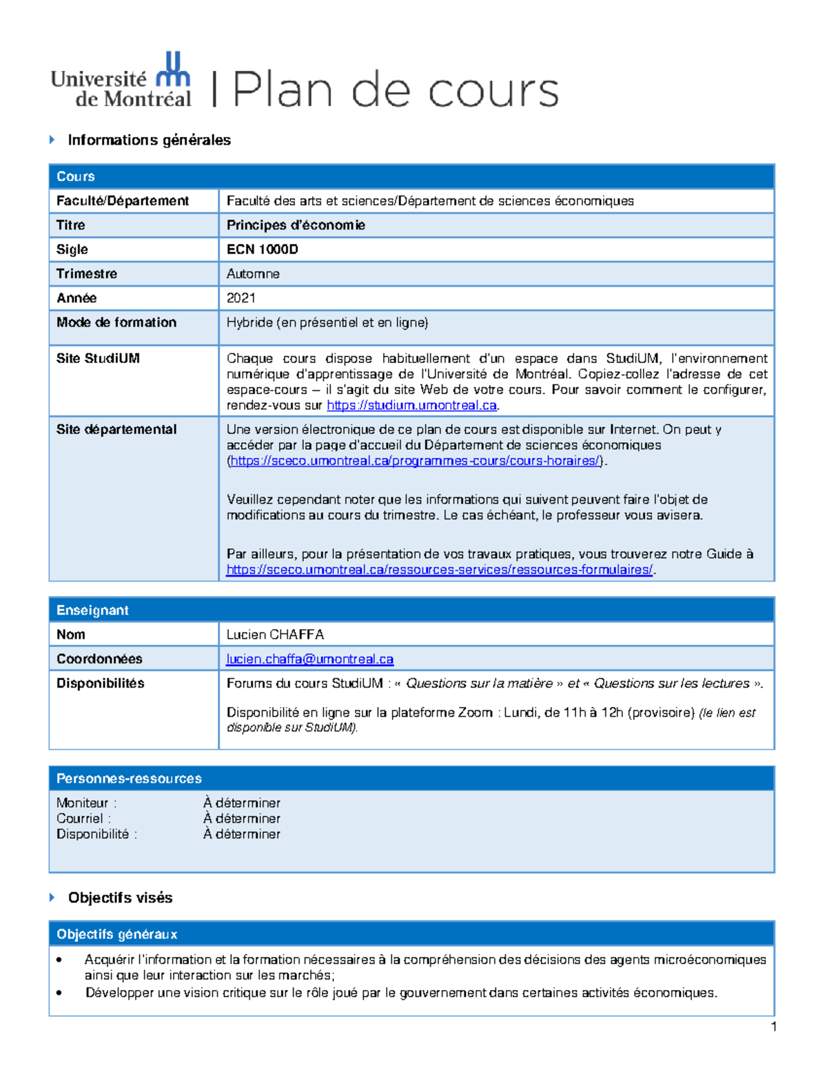 1. plan du cours - Informations générales Cours Faculté/Département ...