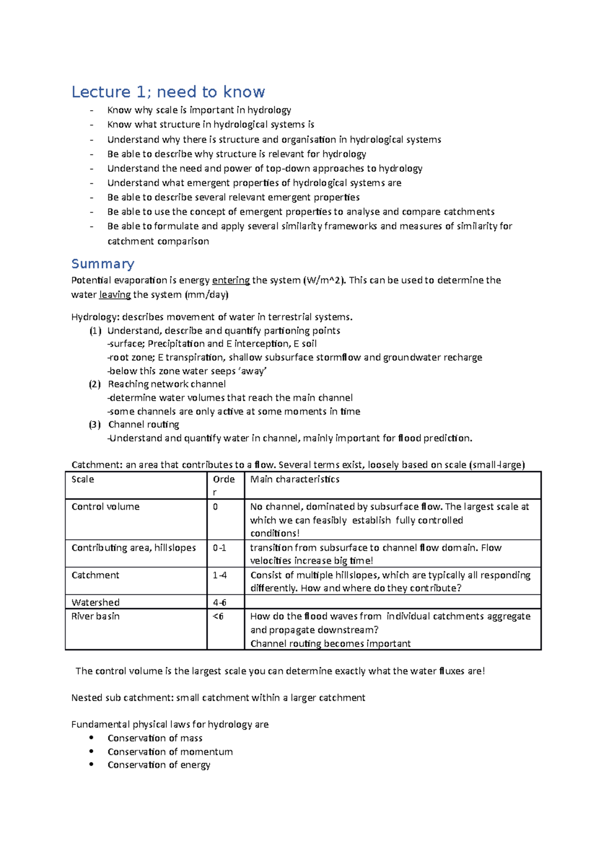 Uitwerking college 1 Catchment functioning and Macroscale laws