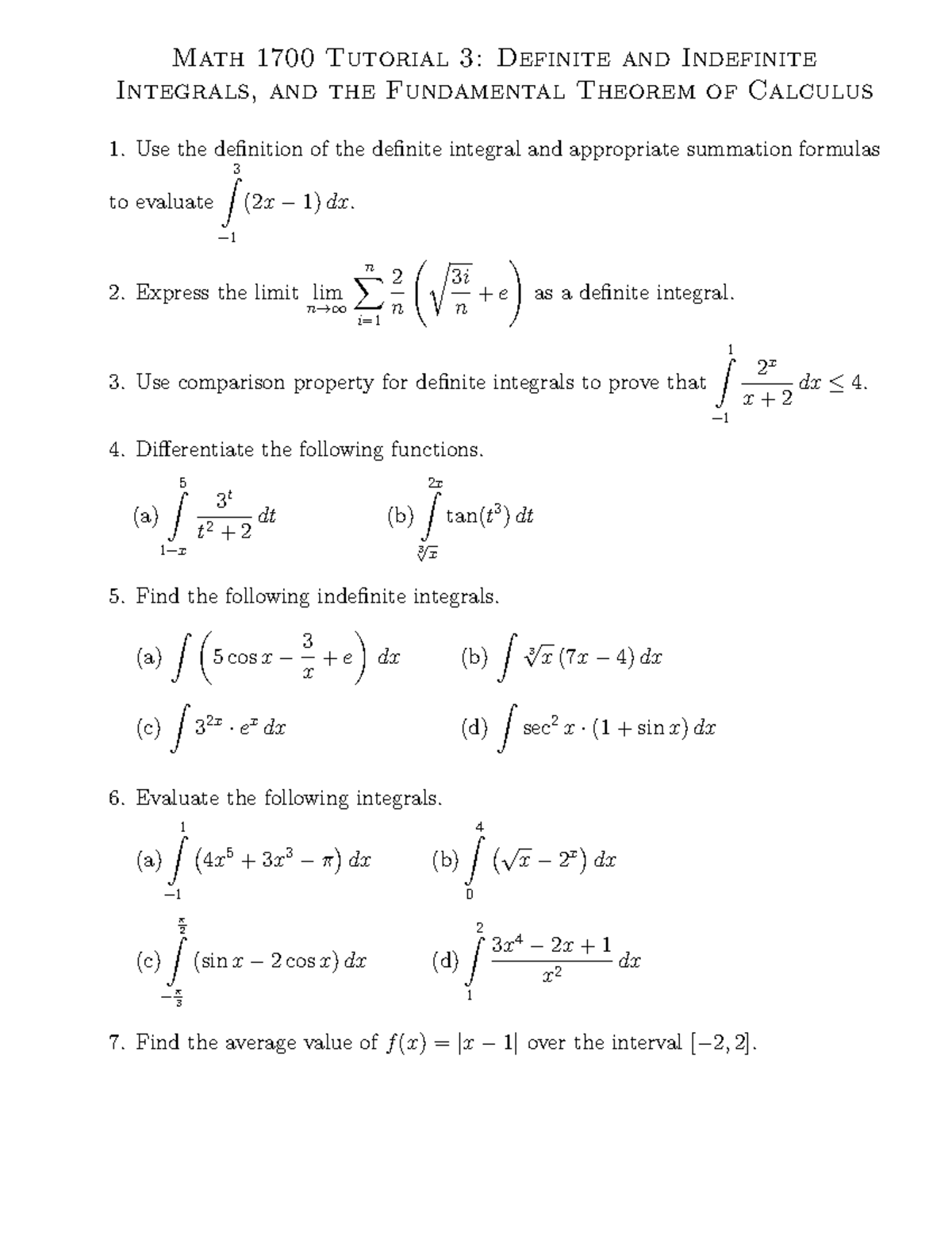 1700tutorial-3 - practice - Math 1700 Tutorial 3: Definite and ...